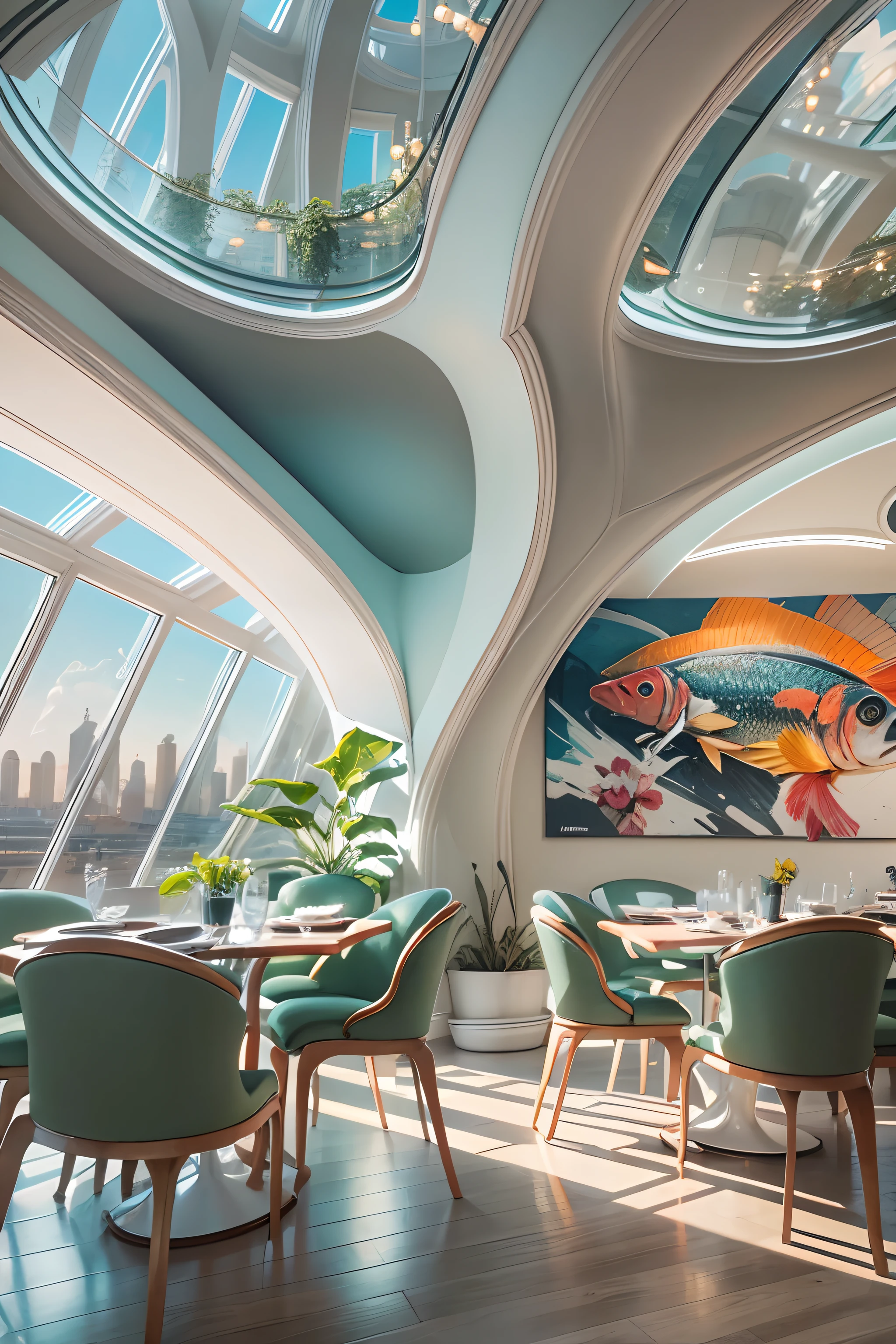 dining room，There is a wall in the middle of the restaurant,The painting on the wall is in the middle, Paintings on the walls, skyscape, Large airy windows, Zaha Hadid and Santiago Calatrava landscape panoramic style, Fish, Clear light, Edge lighting, Perfect image, Building summary style, 16k UE5. superfine, 8K, hdr, Product photography, Depth of field, Nikon D850, Ultra-realistic, no contrast, clean sharp focus, professional, No blurring