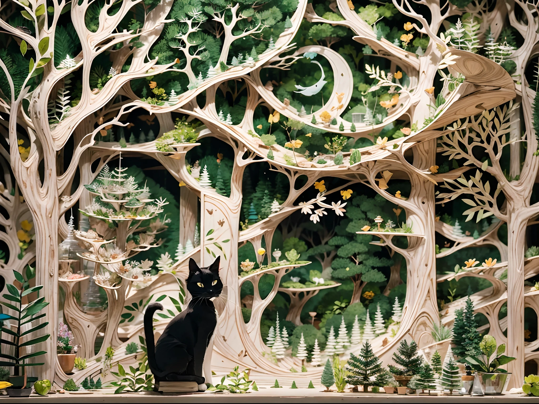A scene of a forest made with paper cut, where a black cat wearing a hat and a cloak is exploring the secrets of nature with its magical powers.