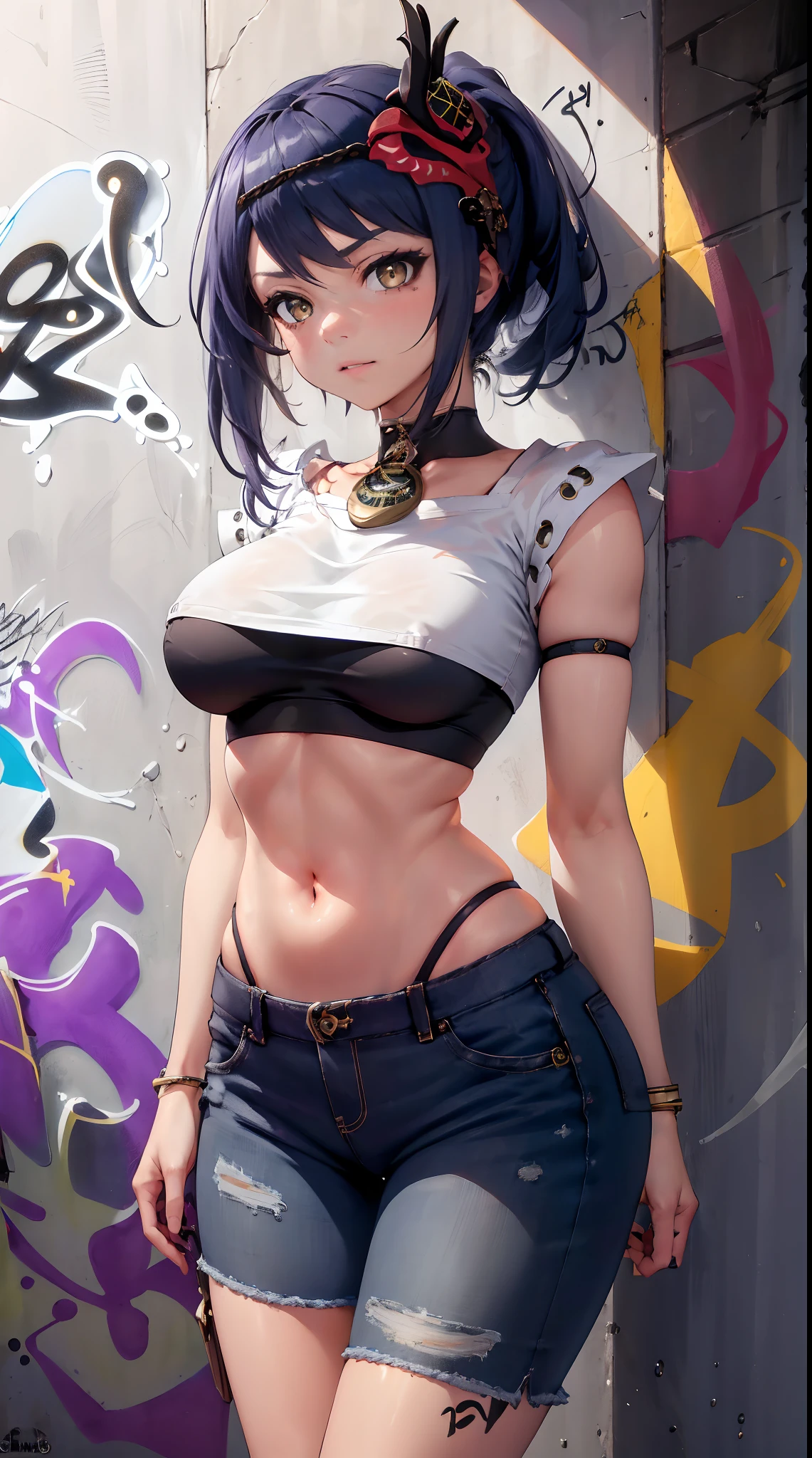 Kujou Sara Genshin Effect, masterpiece, bestquality, 1girls, mediuml breasts, long-haired ,Ponytail, bara, crop top, shorts jeans, choker, (Graffiti:1.5), Splash with purple lightning pattern., arm behind back, against wall, looking at the audience, bracelet, Thigh strap, Head tilt, bored, Ponytail, water eyes,