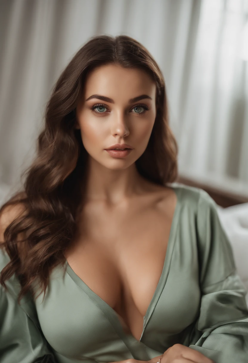 arafed woman with large breasts, sexy girl with green eyes, portrait sophie mudd, brown hair and large eyes, selfie of a young woman, violet myers, without makeup, natural makeup, looking directly at the camera, face with artgram, subtle makeup, piercing green eyes, beautiful angle, cute girl, full body picture, full body, brunette goddess, high detail, bedroom, sexy, lingerie, sex, sexy, naked, sexy pose, playful, porn