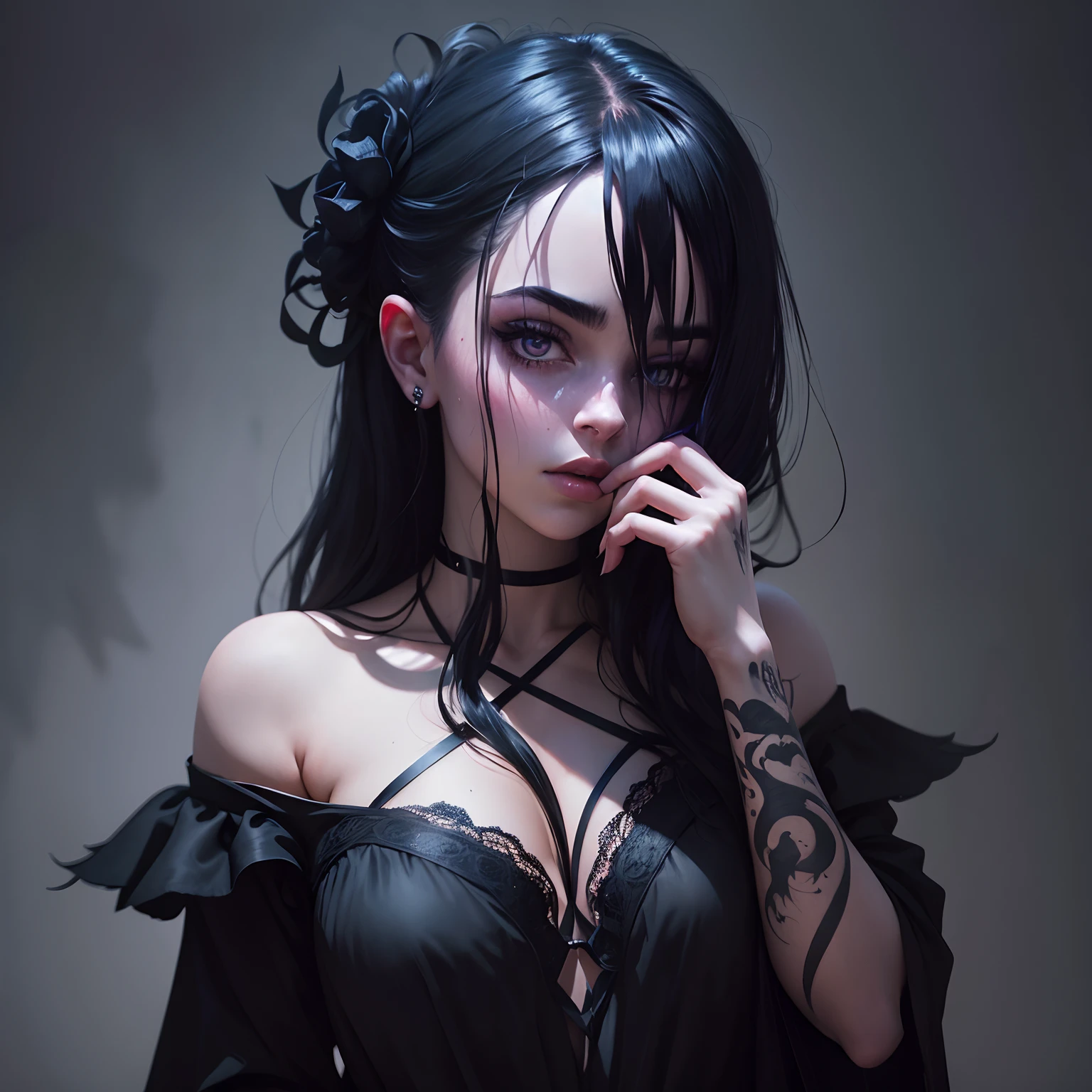 In a hauntingly dark display, an alluring and enigmatic figure emerges from shadows, clad in flowing midnight attire. Sinister hues and seductive curves blend with striking juxtapositions and expressive brushstrokes, capturing the essence of Billie Eilish's captivating allure.