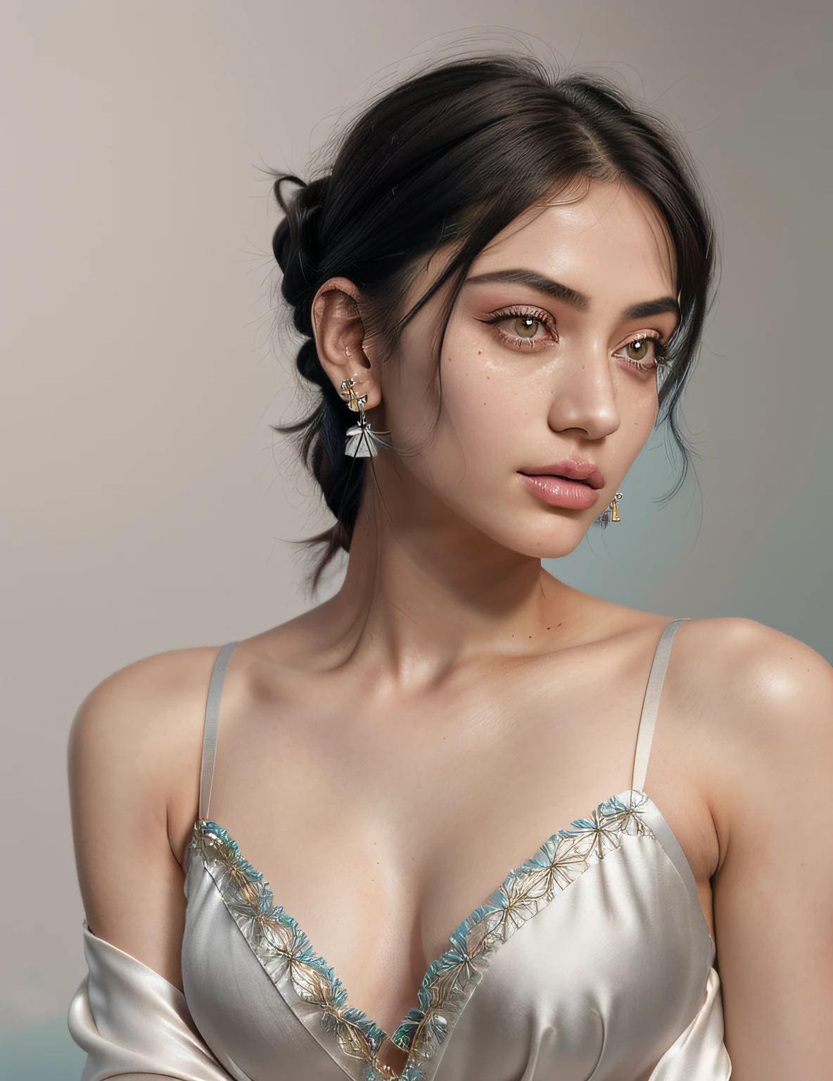 1girl,solo, blue hair,earrings,jewelry,grey green eyes,short hair,(red background:1.2),looking at viewer,upper body,from side,bangs,simple background,lips, large breasts,realistic,bare shoulders,ashion indian model 25 years old, [[[[closeup]]]], [[[[chest]]]], [[[[neck]]]], [[[[shoulders]]]], perfect eyes, perfect iris, perfect lips, perfect teeth, perfect skin, soft front light, glow, HDR, (muted colors:1.2),RAW, analog, Nikon Z 85mm, ((best quality)) ((masterpiece)), intricate details, highly detailed, sharp focus, professional, photorealistic, post-processing, max detail, roughness, real life, ultra realistic, photorealism, photography, photography, SILHOUETTE light, (realistic, photo-realistic:1.37),a realistic representation of the face, realistic, colorful, delicate, Cinematic Light, sidelighting, Lens Flare, Ray tracing, sharp focus, (intricate details, makeup, (detailed beautiful delicate face, detailed beautiful delicate eyes, a face of perfect proportion, high detailed skin, detailed skin, best ratio four finger and one thumb,, medium large breasts, wide hips, smooth midriff, skiny and thin,fashion, solo ,(young), face highlight, upper body, detailed face, tear mole, white skin, black hair, ponytail, braid hair, looking at viewer, big eyes, silk robe, (hollow pattern, white, silk), earrings, slim body, luxury room, professional lighting, tear robe, flat tummy, abs