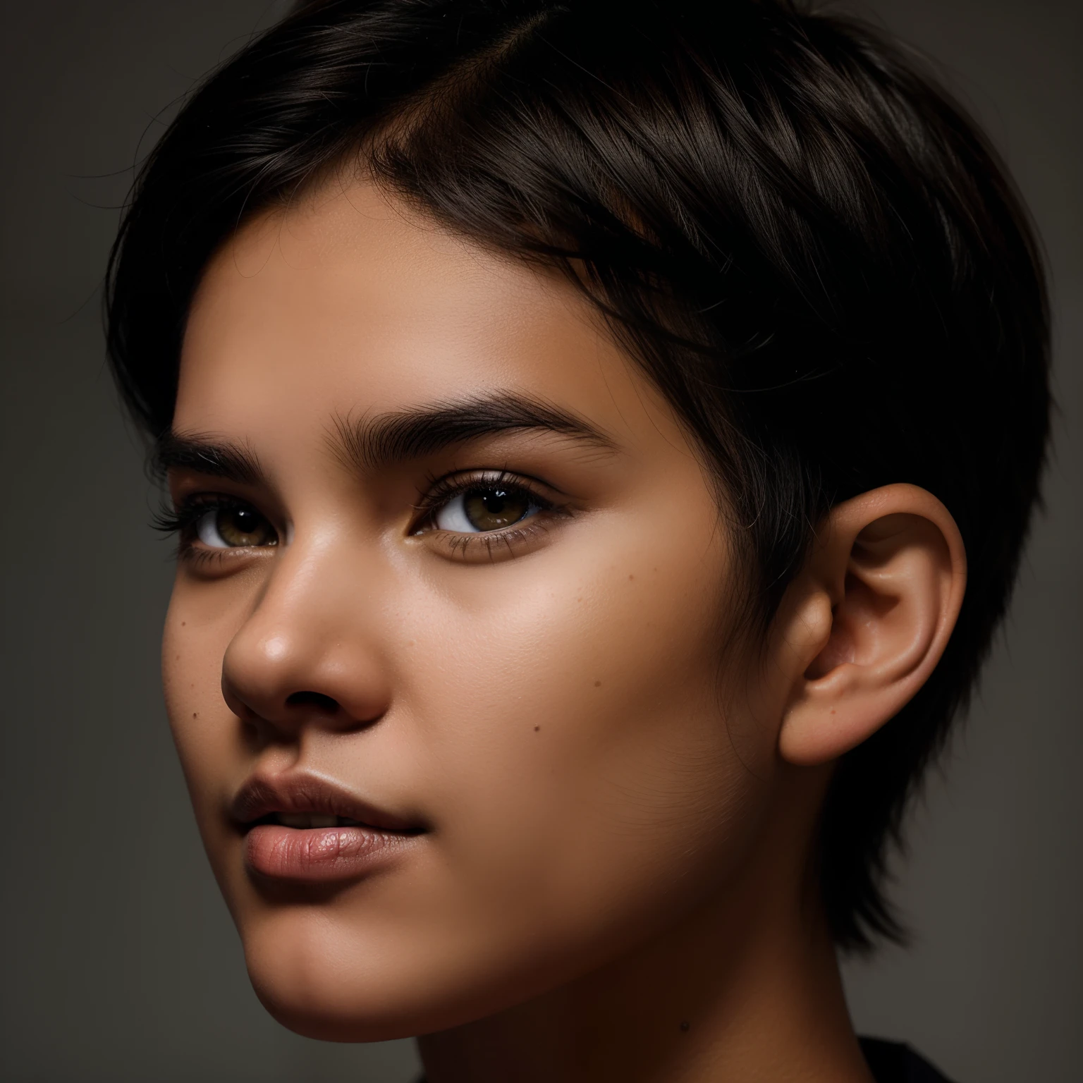 A Professional Portrait Of An Indigenous Young Woman, ((Tupi Guarani Girl)), ((Tupinambá)), (21 Years Old), Tanned Skin Tone, ((Face Features Of Taylor Lautner)), ((Androgynous Face Features)), Pixie Cut Hair, Curly Black Hair, Flowy Hairstyle, Pores, Realistic Skin, Wearing Streetwear Clothing Style, ((Tomboy Clothing Style)), Simple Studio Background, 90s Style Photography, Mugshot, Face Focused, Face Close Up