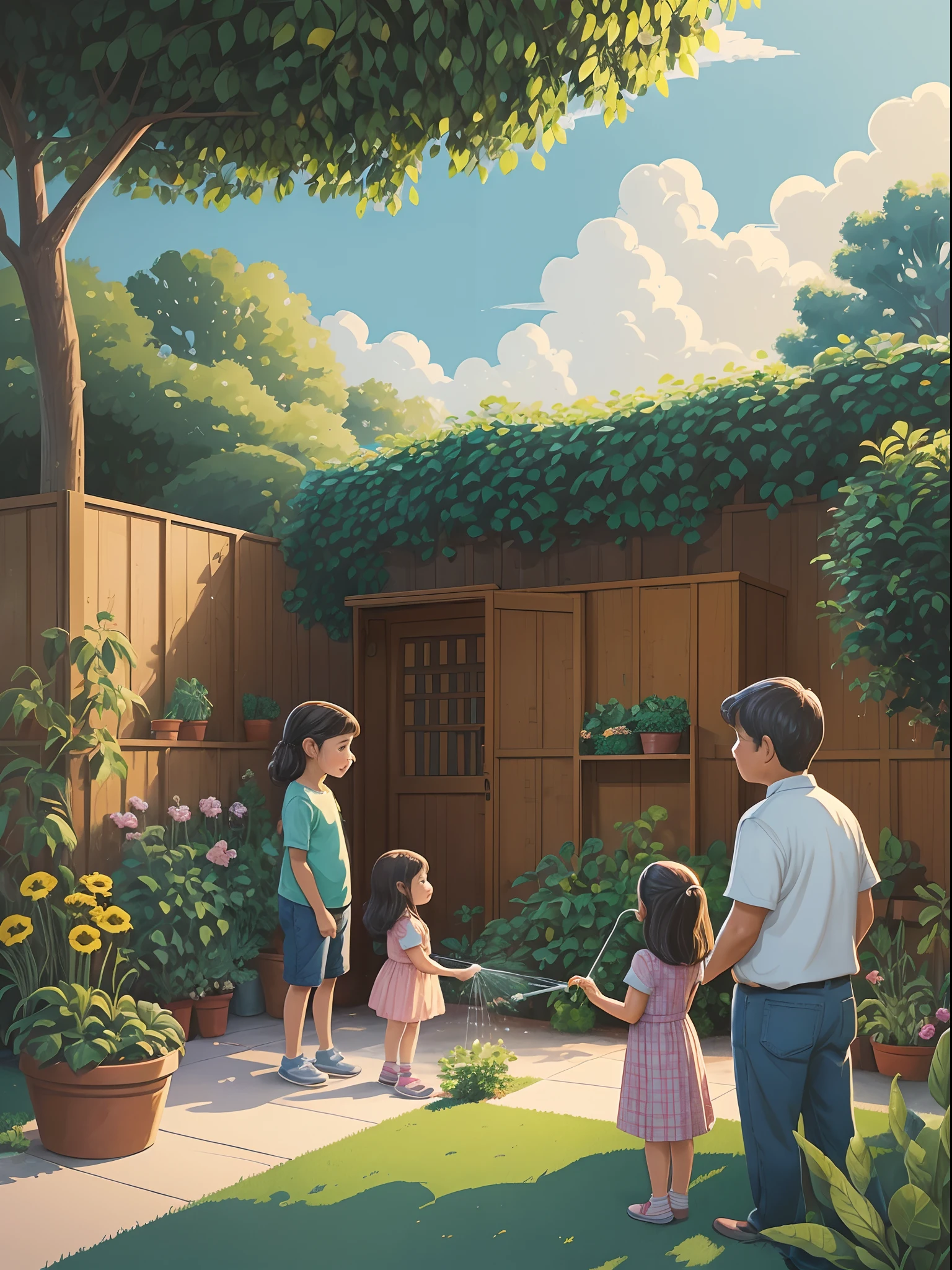 There is a middle-aged man and a little girl watering plants, children's book illustration, children's book illustration, children's book illustration, commercial illustration, children's book illustration, flat illustration, detailed 2D illustration, 2D illustration, 2D illustration, children's book illustration, children's book illustration, illustration, children's illustration, professional illustration