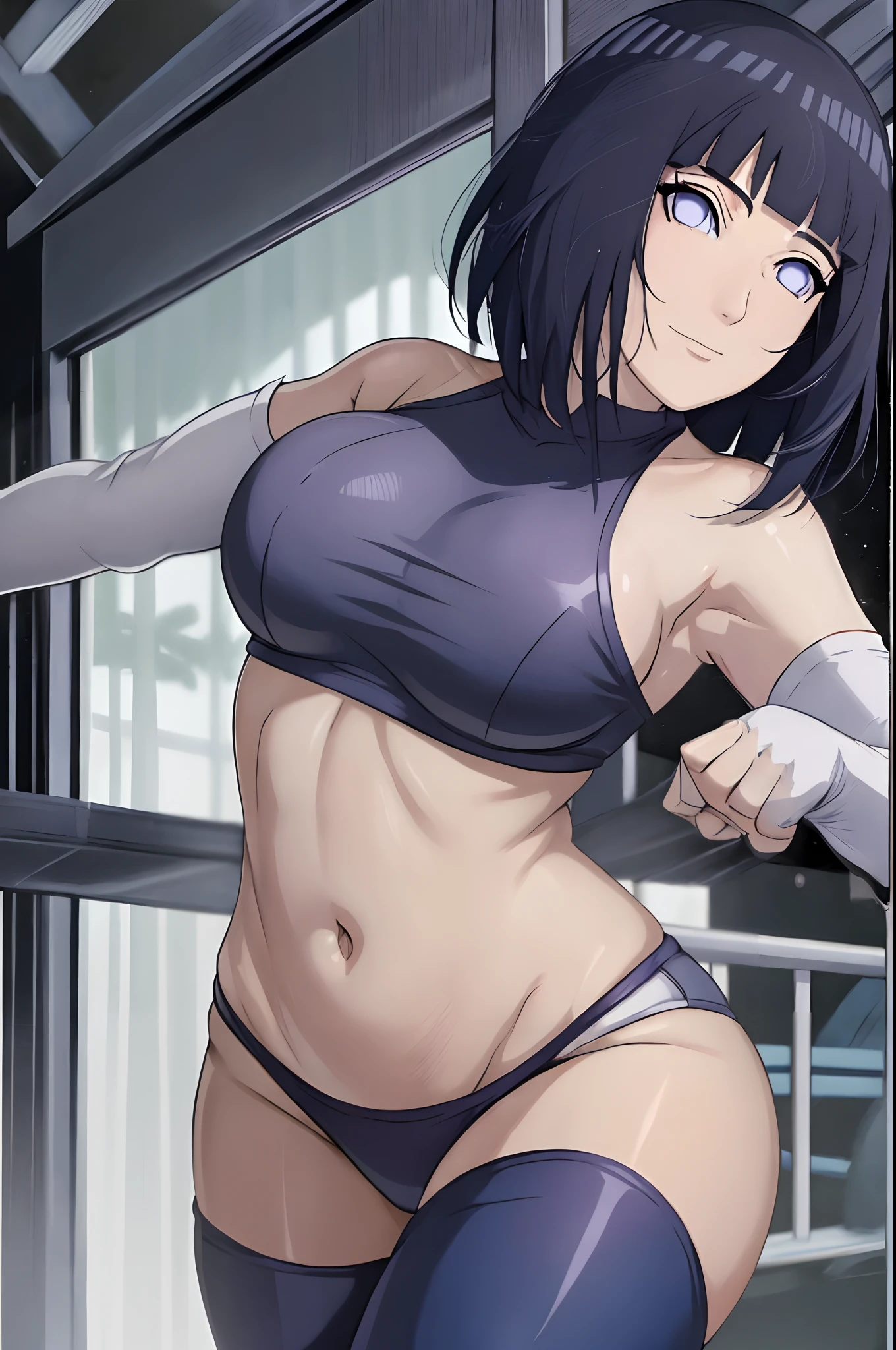 anime style, wrestling ground, (hinata\(boruto\), (female wrestler), (slender body), mature woman, milf, (bikini, pro wrestling gear, leggings) victorious, gorgeous, winner, kind face, smile, closed mouth, pale skin, shiny skin, (dark blue hair color:1.1), wavy hair, ((short hair, hime cut), big breasts, (only one arm stretching), long belly, closed fists, seductive, (perfect eyes, white sciera, bright eyes, white eyes, anime eyes, eyeshadow, looking at the viewer)