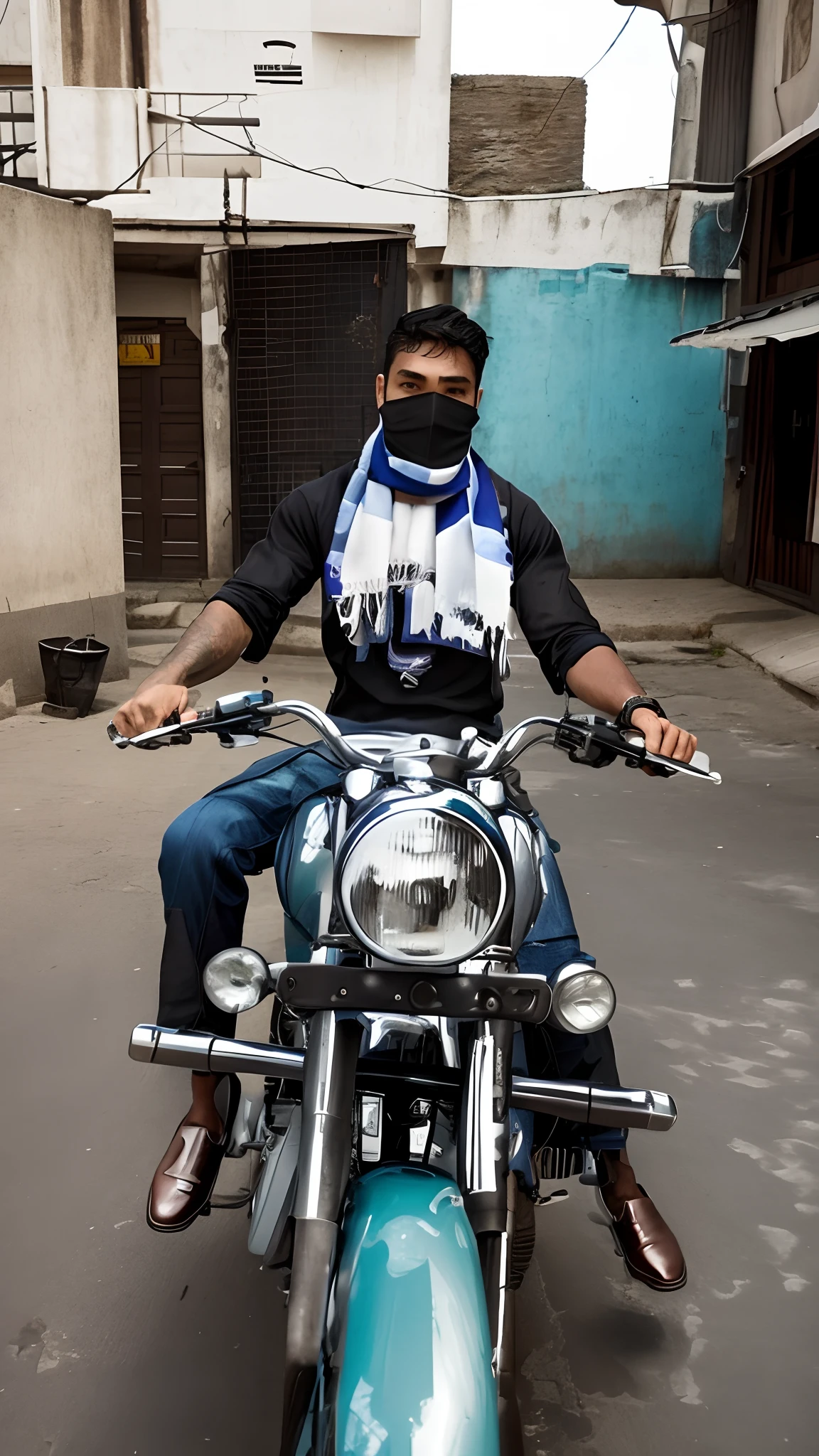 there is a man sitting on a motorcycle with a scarf on, without helmet, biker, fully functional, picture of a male biker, riding a motorbike, viral post, riding a motorcycle, wearing helmet, riding, motorbiker, by Odhise Paskali, no helmet, indian, motorcycle, motorbike, very artistic pose, riding a motorbike down a street, stylish pose