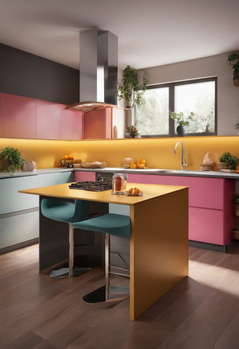 a Modern kitchen, bright colors, minimalist design style, rendered with 3dsmax for corona