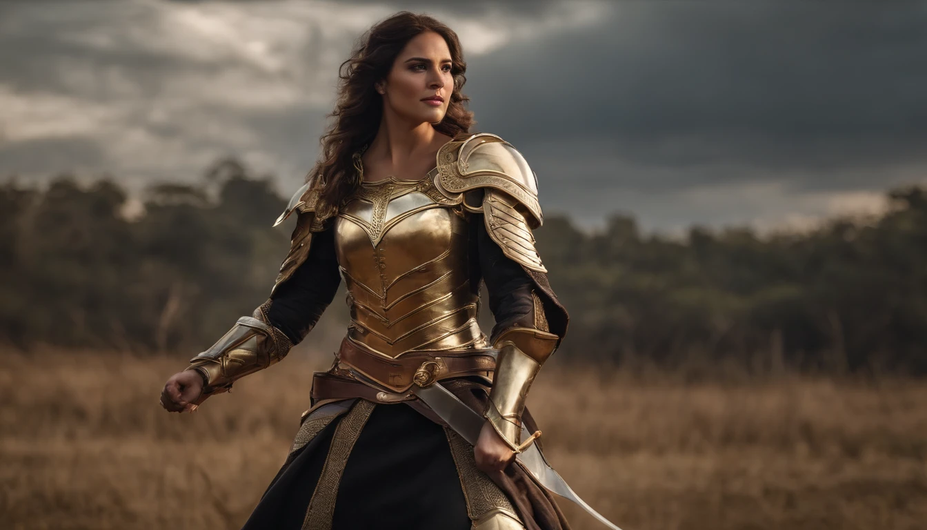 mulher espartana, longos cabelos ruivos, Armadura Dourada, empunhando uma espada no meio de um campo de batalha, [cores vibrantes], [alta qualidade, Realistic:1.37], [armadura detalhada], [Intensa cena de batalha], [dramatic lighting], [Epic portrait style]