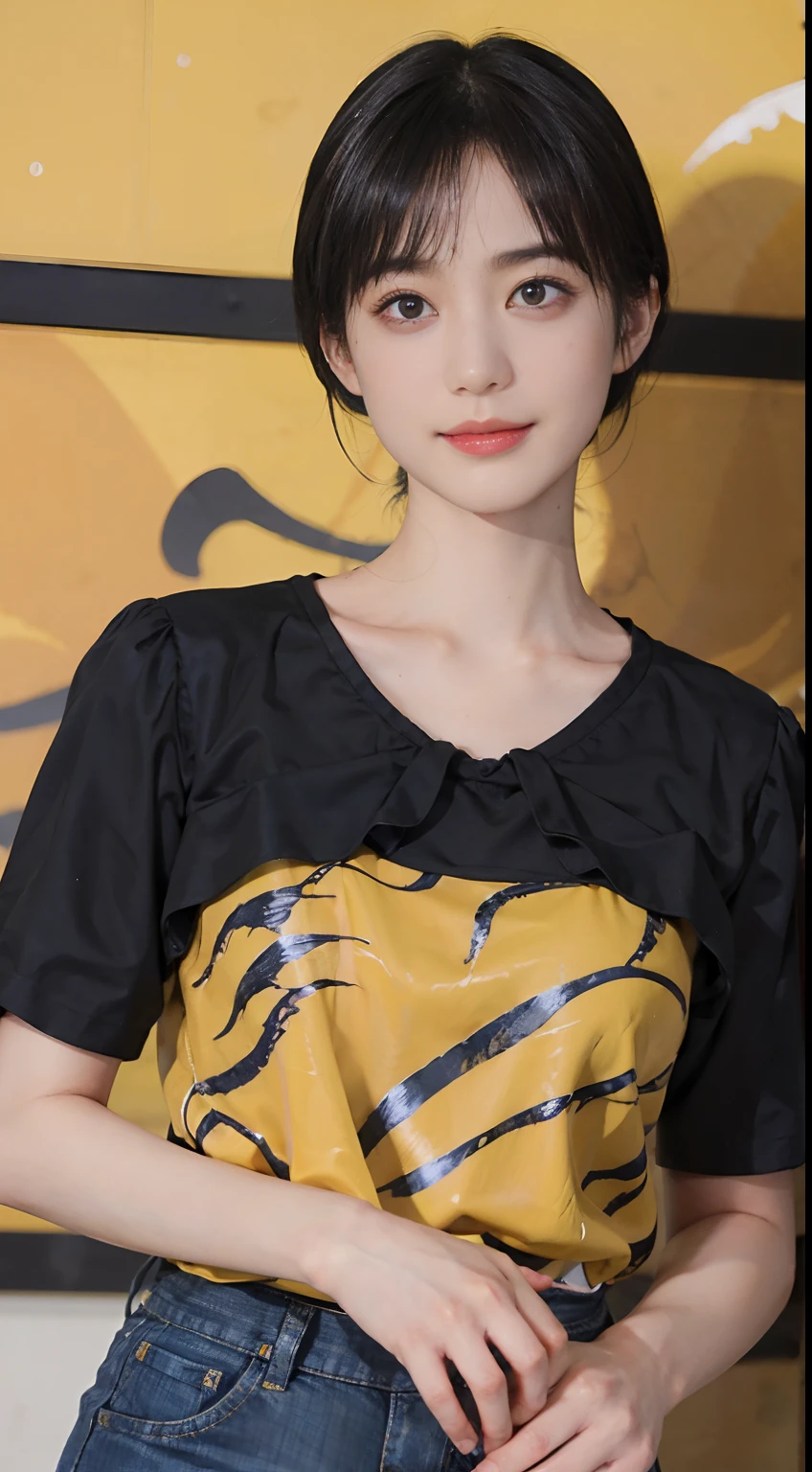 ((1womanl)),  (((Black-short-hair))), （masuter piece：1,3）、top-quality、​masterpiece、hight resolution、Original、highly detailed wallpaper、jeans、Large ribbon, (A slight smil)、a small face、((Chest-breast))、(Tiger print T-shirt)、(Yellow and blue clothes)、(light on face)、Live-action style, Beautiful facial features, darkened room, Gunman Shot