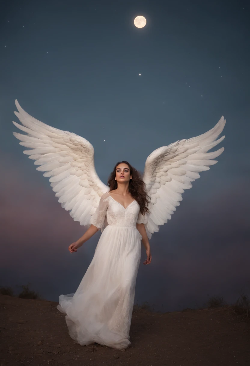 A hyper-realistic scene of very detailed looking angels being thrown out of the sky during the dark night, behind a tiny moon, captured in a photograph of incredible realism. Qualidade  hiper-realista, photographic