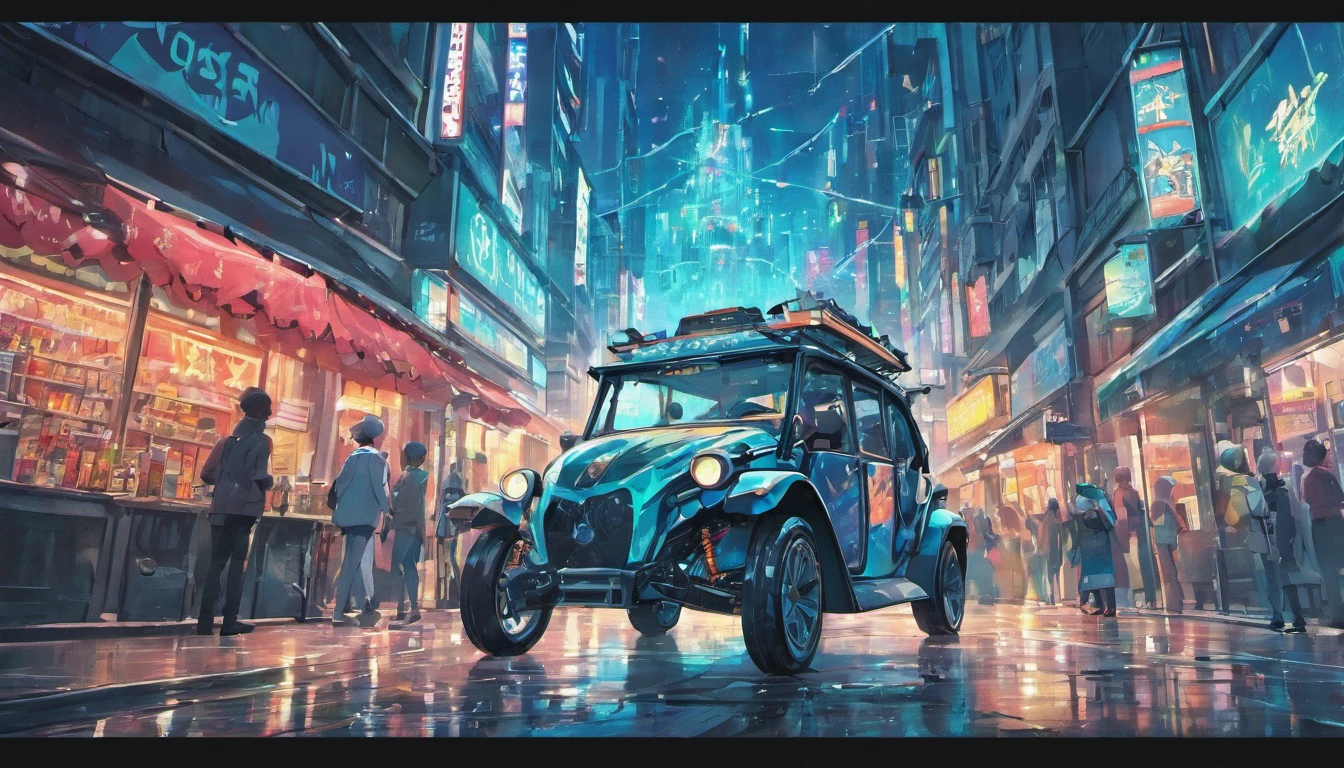 Mirrored silver buggy in the city，frontage，Cyberpunk style，Gorgeous background