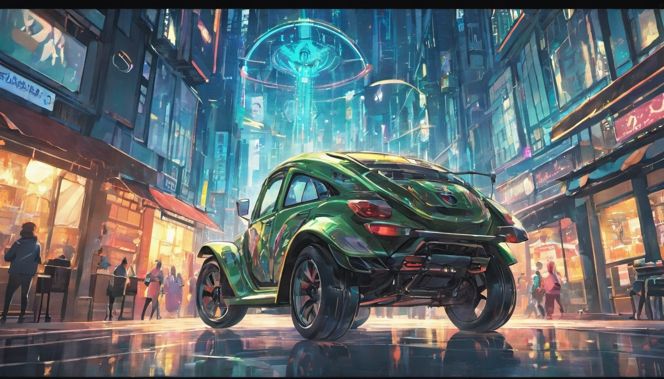 Mirrored silver buggy in the city,frontage,Cyberpunk style,Gorgeous background
