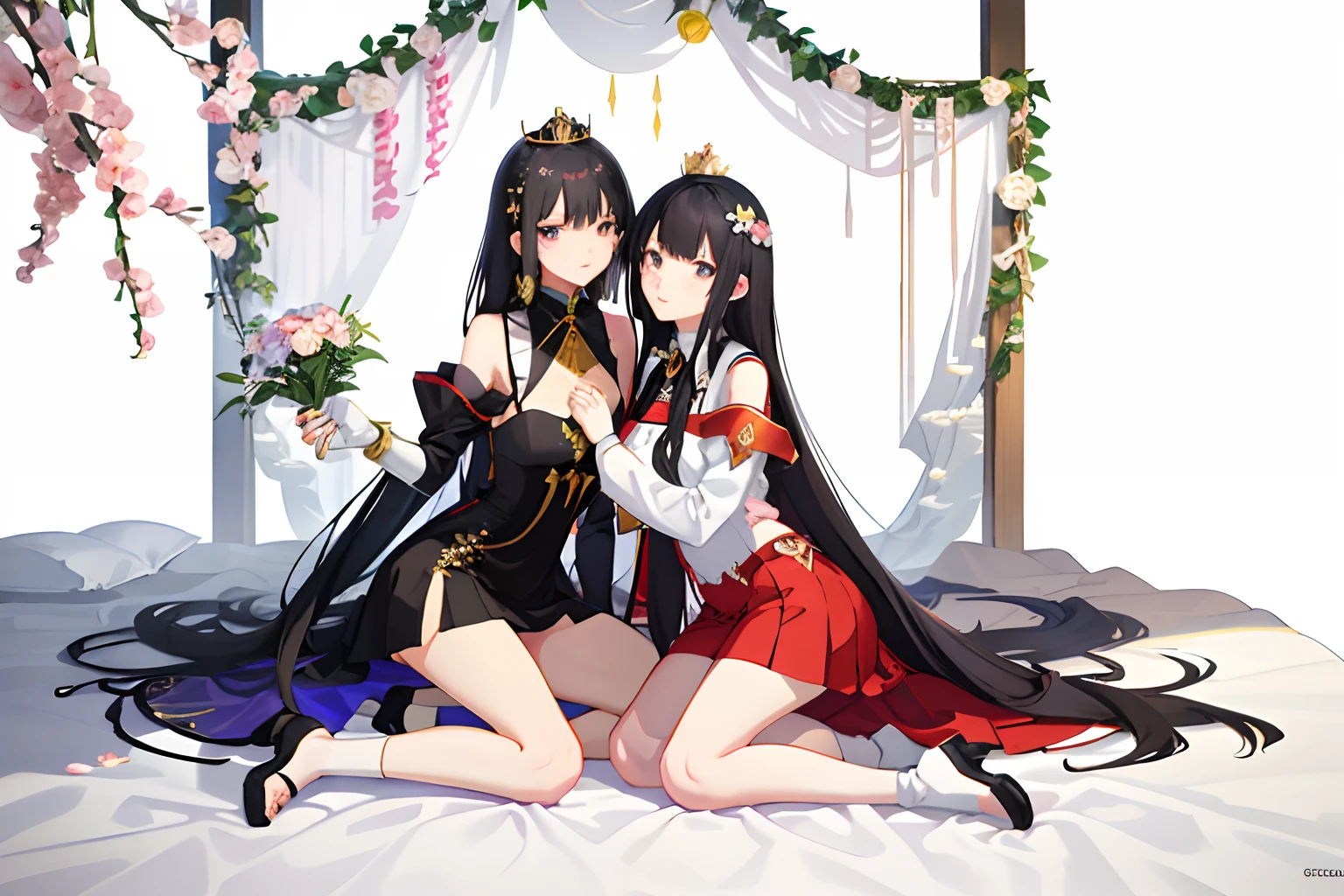 Two black hair anime girls sitting on the ground,With flowers as a background, two beautiful anime girls, Wearing short skirts,Cuddle together, queen and ruler of the universe, The Flower Prince is crowned king, The king recited hymns to the princess, Anime kangaroo, High-quality fan art, zero zen art, 80s anime style with 14% influencer, Destiny anime style/stay night, overnight with, 4k manga wallpapers, Anime Pictures.