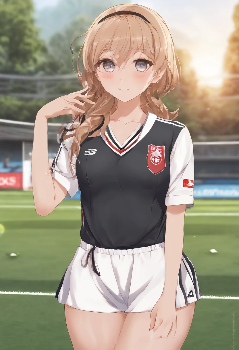 masutepiece, Best Quality, Ultra-detailed, Upper body, 1girl in, (Wearing soccer uniforms:1.5), (short pants:1.3), Longhaire, Narrow waist, Thin leg, Soccer Field, Armpit, perspired, (a sultry, steam, heavy breath:1.2), blush, embarrassed, Bare legs, Bare neck, small ass,(huge tit:1.4),