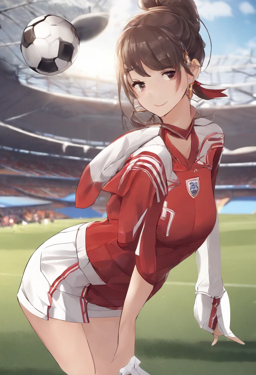 masutepiece, Best Quality, Ultra-detailed, Upper body, 1girl in, (Wearing soccer uniforms:1.5), (short pants:1.3), Longhaire, Narrow waist, Thin leg, Soccer Field, Armpit, perspired, (a sultry, steam, heavy breath:1.2), blush, embarrassed, Bare legs, Bare neck, small ass,(huge tit:1.4),