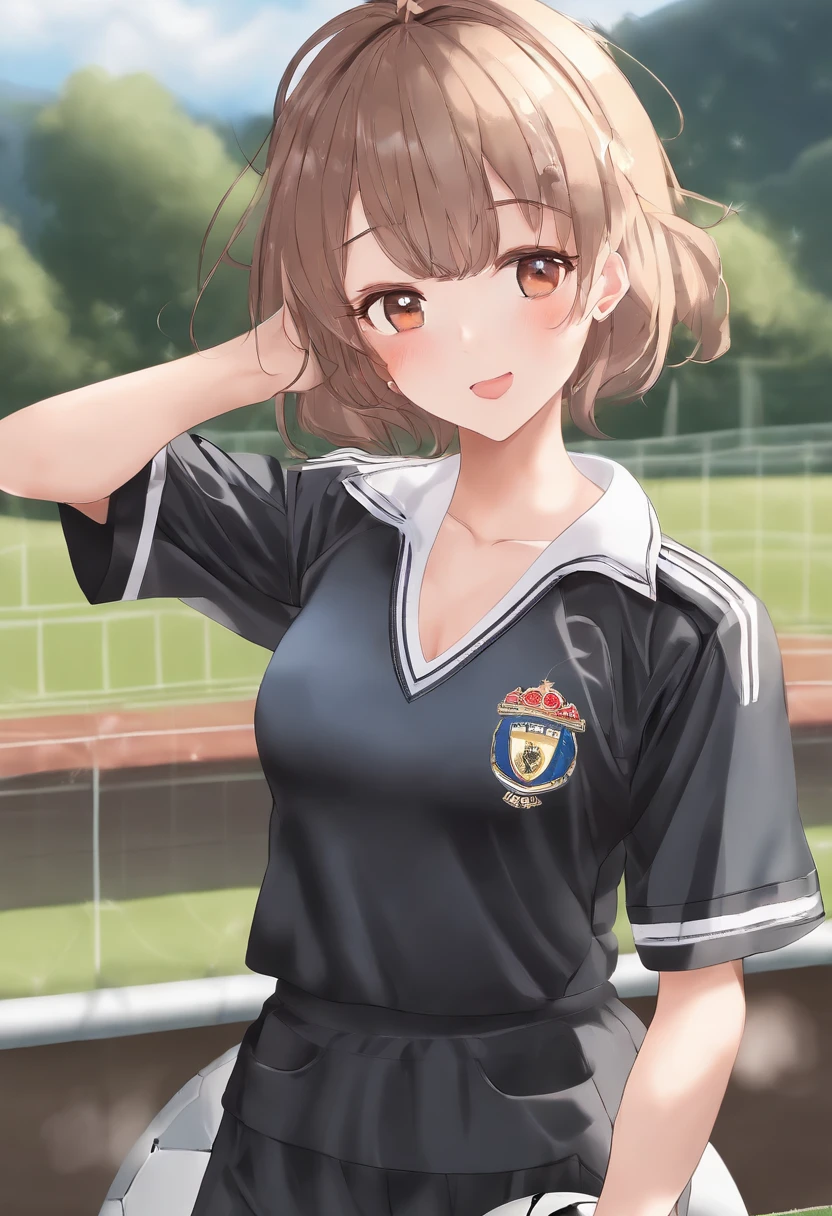 masutepiece, Best Quality, Ultra-detailed, Upper body, 1girl in, (Wearing soccer uniforms:1.5), (short pants:1.3), Longhaire, Narrow waist, Thin leg, Soccer Field, Armpit, perspired, (a sultry, steam, heavy breath:1.2), blush, embarrassed, Bare legs, Bare neck, small ass,(huge tit:1.4),