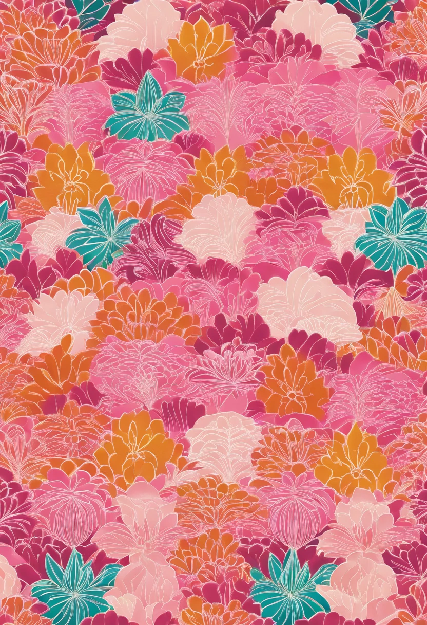 Seamless pattern of flowers and trees, "Rainbow" theme, repeating patterns design, fabric art, Flat illustration, rainbow core, highly detailed cleaning, Vector image, Photorealistic masterpiece, Professional photography, Simple pink field background, isometry, Bright vector