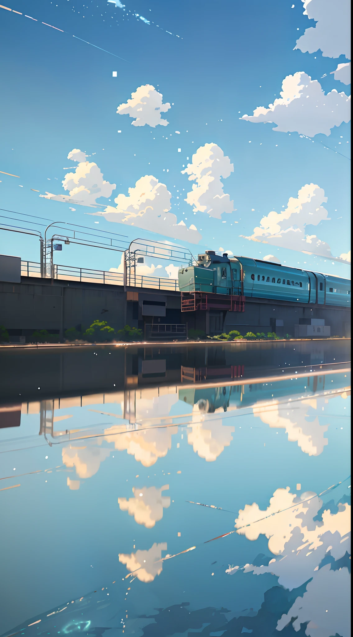 Anime train on tracks through body of water, image by Makoto Shinkai, pixiv, concept art, lofi art style, reflection. Enhanced detail, perfect picture quality. by makoto shinkai, lofi art, beautiful anime scenes, anime scenery, detailed scenery—width 672, in style of makoto shinkai, style of makoto shinkai