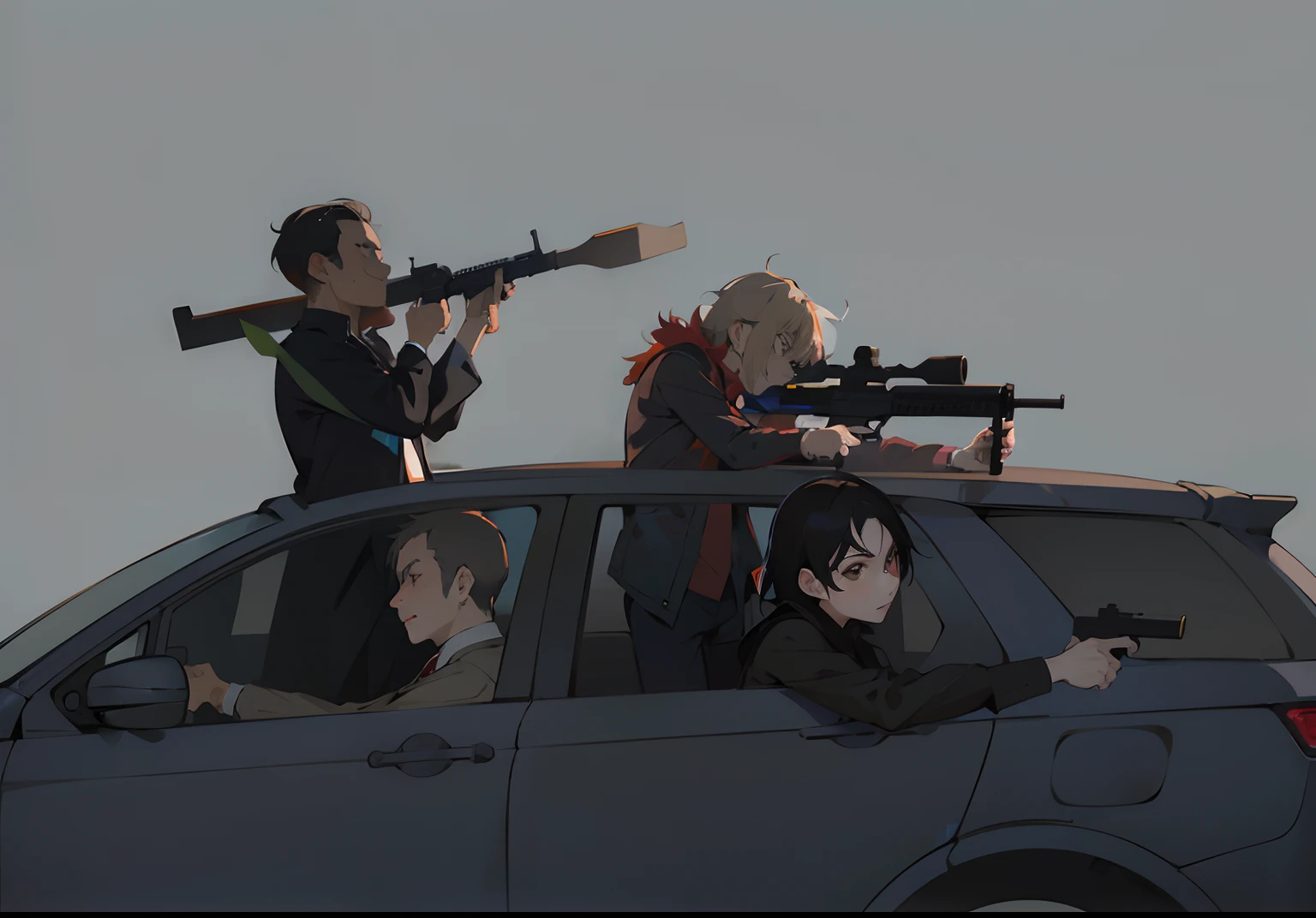 Anime characters from cars with guns and guns, author:New Art, Guviz-style artwork, author:Yoshihiko Wada, keyframe illustration, official fanart, author:yanjun cheng, author:Kaneokase Kane, 2D game art GTA cover, 2D Game Art GTA cover, in style of atey ghailan, zerochan art