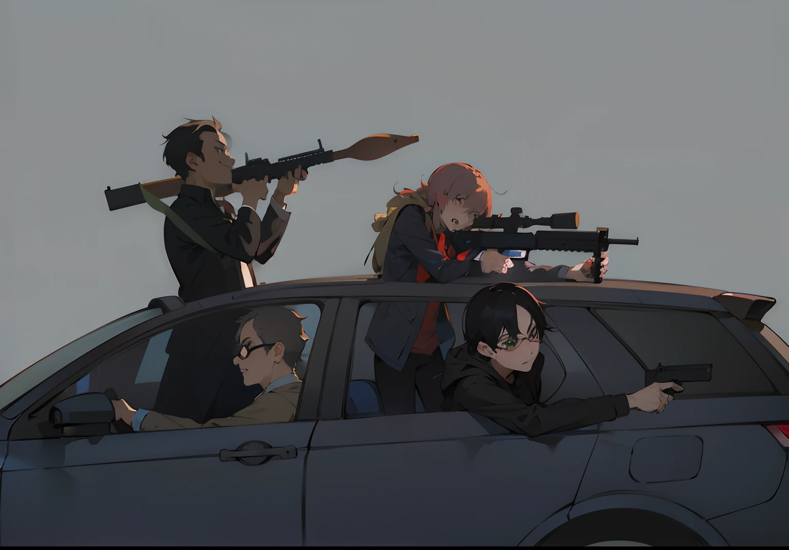 Anime characters from cars with guns and guns, author:New Art, Guviz-style artwork, author:Yoshihiko Wada, keyframe illustration, official fanart, author:yanjun cheng, author:Kaneokase Kane, 2D game art GTA cover, 2D Game Art GTA cover, in style of atey ghailan, zerochan art