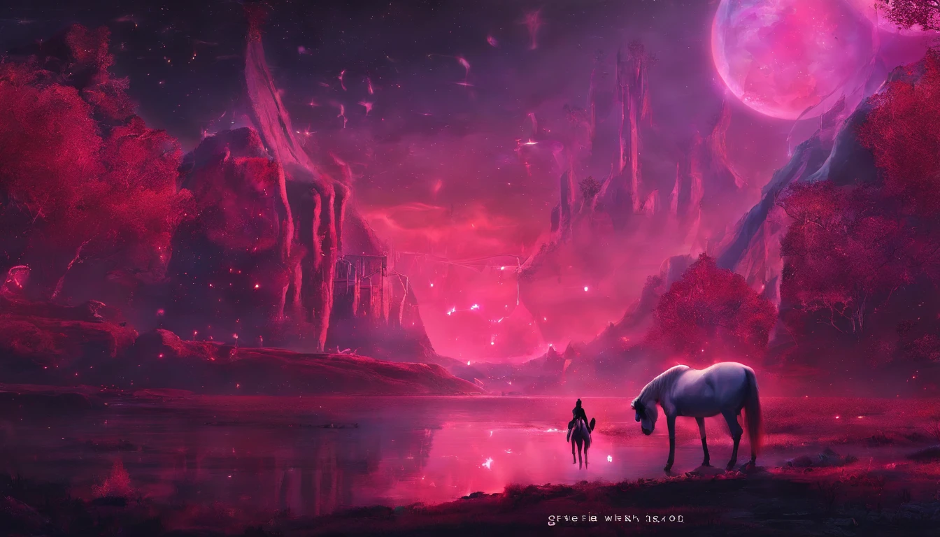 Fantasy world unicorn,Emits red light,Glow effects,the night,中景 the scene is,Full body like, highly detailed surreal vfx,oc rendered,Shoot with 70 mm - AR