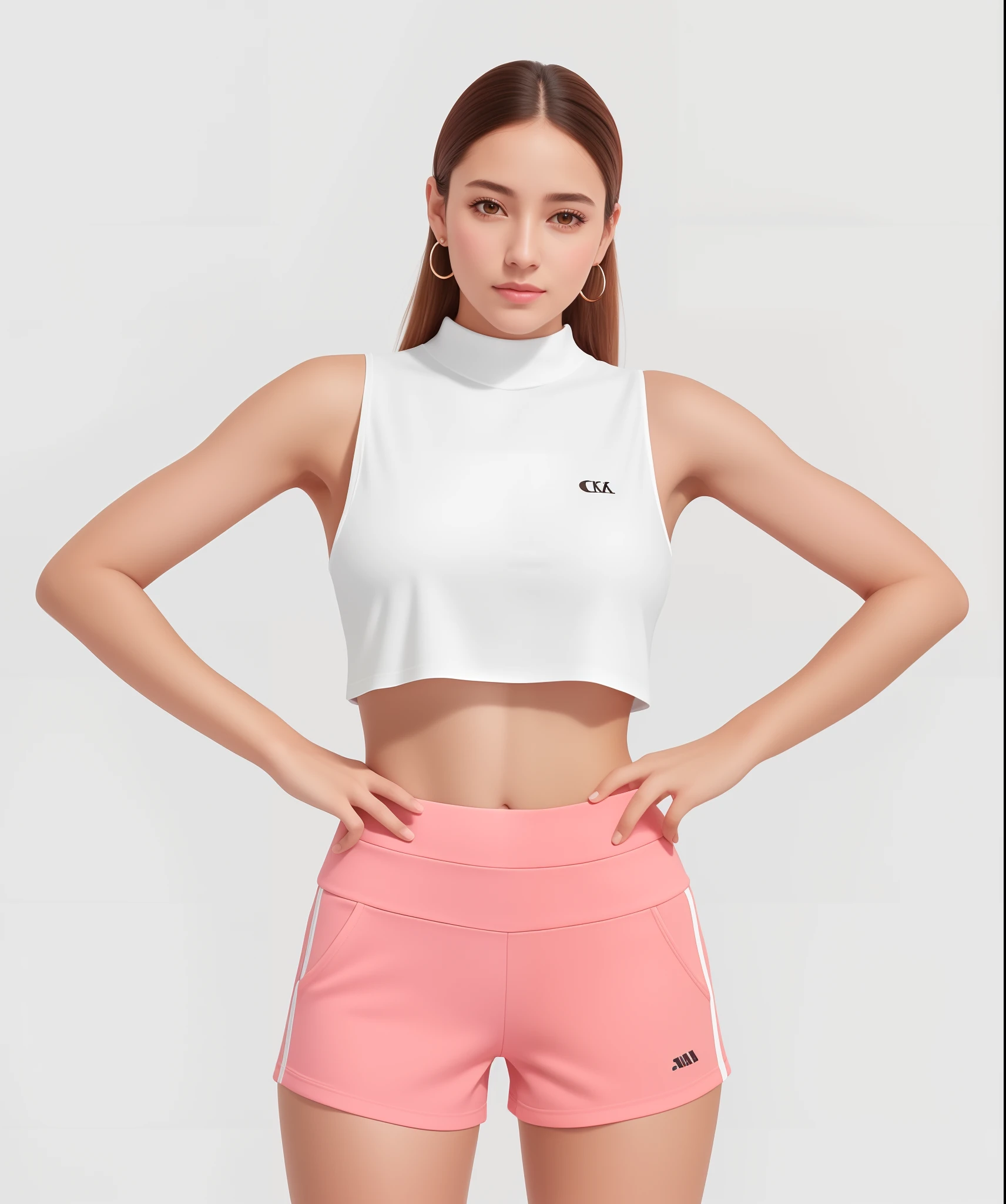 uma mulher de bermuda rosa e um top branco posando para uma foto, sport bra and shorts, two piece workout clothes, bra and shorts streetwear, roupas esportivas, croptop e shorts, roupas esportivas fofas, menina em forma, roupas esportivas, forma tonificada, mulher em forma, Encaixe figura delicada, physical : tinyest midriff ever, usando um top cropped, fotografia realista, fotografia, obra-prima, realista, Realismo, renderizado, Alto contraste, Arte Digital, fotográficorealista, trend in Artstation 8k HD, high definiton, circunstanciado, Realistic, detalhada, textura da pele, hiperdetalhada, Textura realista da pele, melhor qualidade, ultra high-resolution, (fotografia realista: 1.4), alta resolução, detalhada, fotografia crua, sharp resolution, Nikon D850 filmes, fotografia de stock 4, Kodak Portra 400 Camera F1 Lens.6, textura hiper realista, lighting dramatic, Unrealistic trend in Artstation Cinestill 800, .RAW.