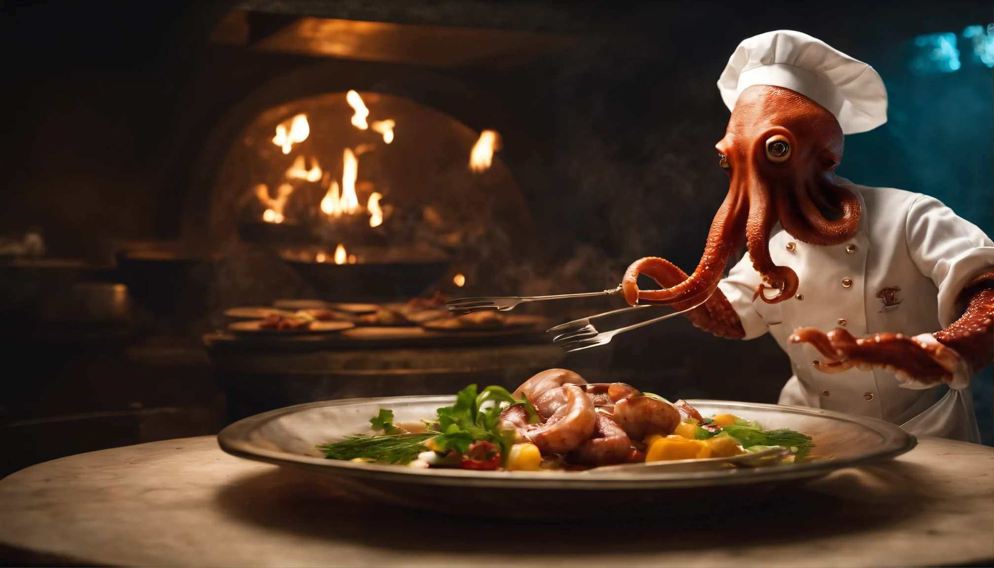Anthropomorphic octopus chef at a grill restaurant，Take the grill skewers left and right，Hold a brush in your right hand，photorealestic，Rembrandt light