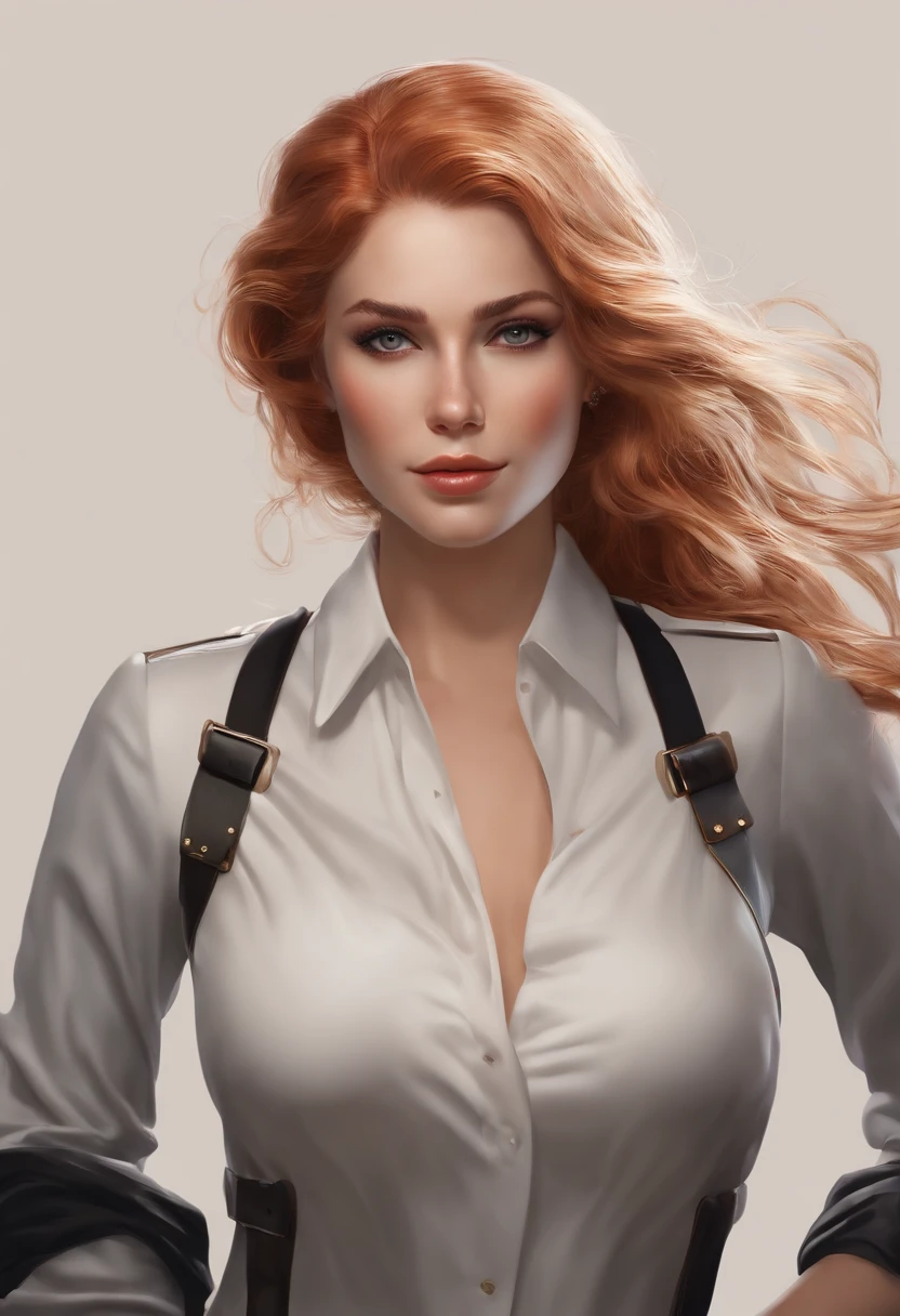 ((beste-Qualit, 8K, master piece: 1.3)), Sharp: 1.2, Perfect Body Beauty: 1.4, Abdos minces: 1.2, ((Coiffure queue de cheval et frange, petit seins: 1.2)), (Wet White Button Long Shirt: 1.1), (Pluie, rue: 1.2), Humide: 1.5, Highly detailed facial and skin texture, detailled eyes, double eyelids, side face looking at the camera. Very detailed light red hair. Cheveux queue de cheval. very detailed black tie on the shirt.