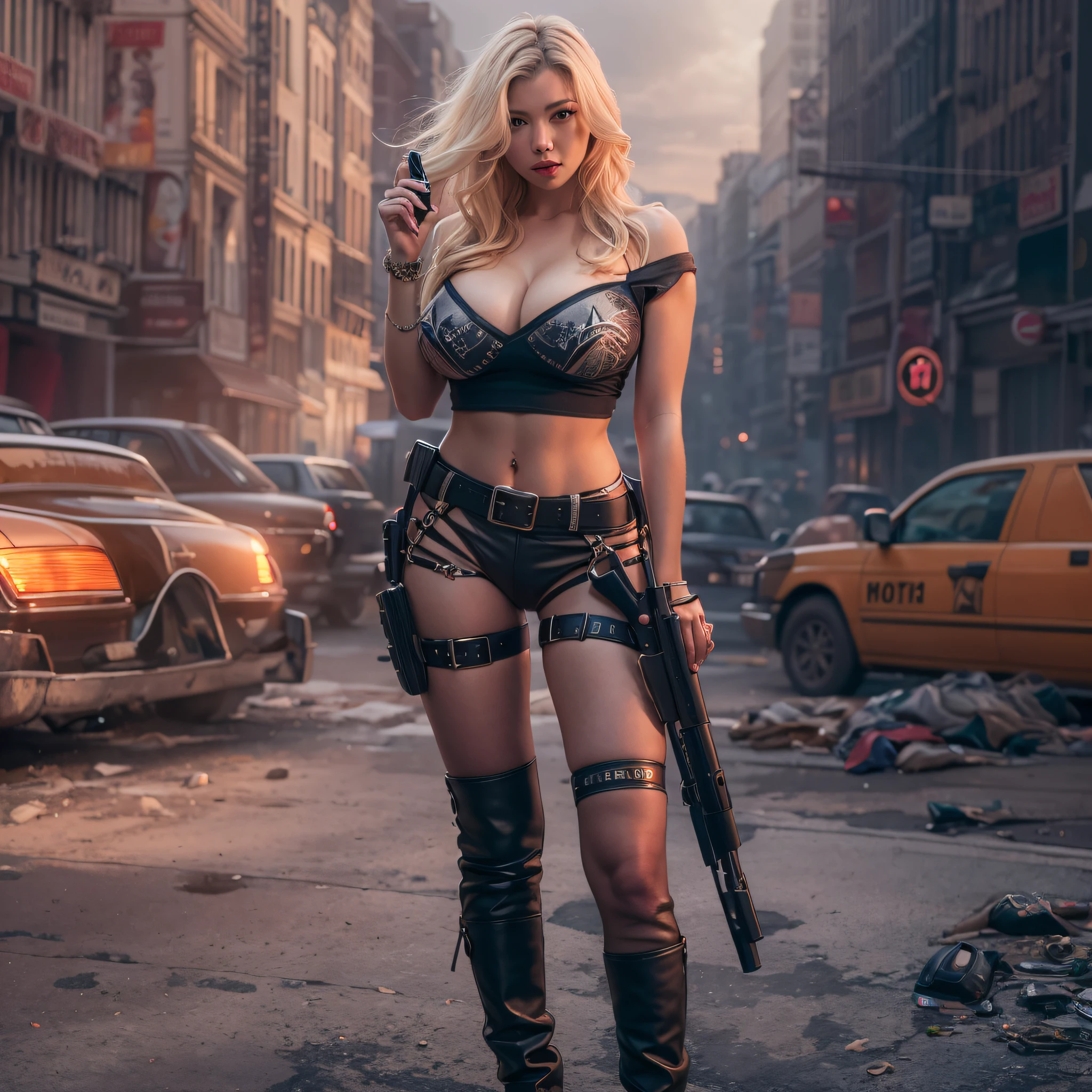 Masterpiece, high resolution，best quality，high definition, perfect composition, perfect face, perfect body, 8K，Cinematic lighting，Off-Shoulder，large breasts，navel，American Polis，Blonde woman，Vicious city，Holding a handgun，Dynamic Pose，