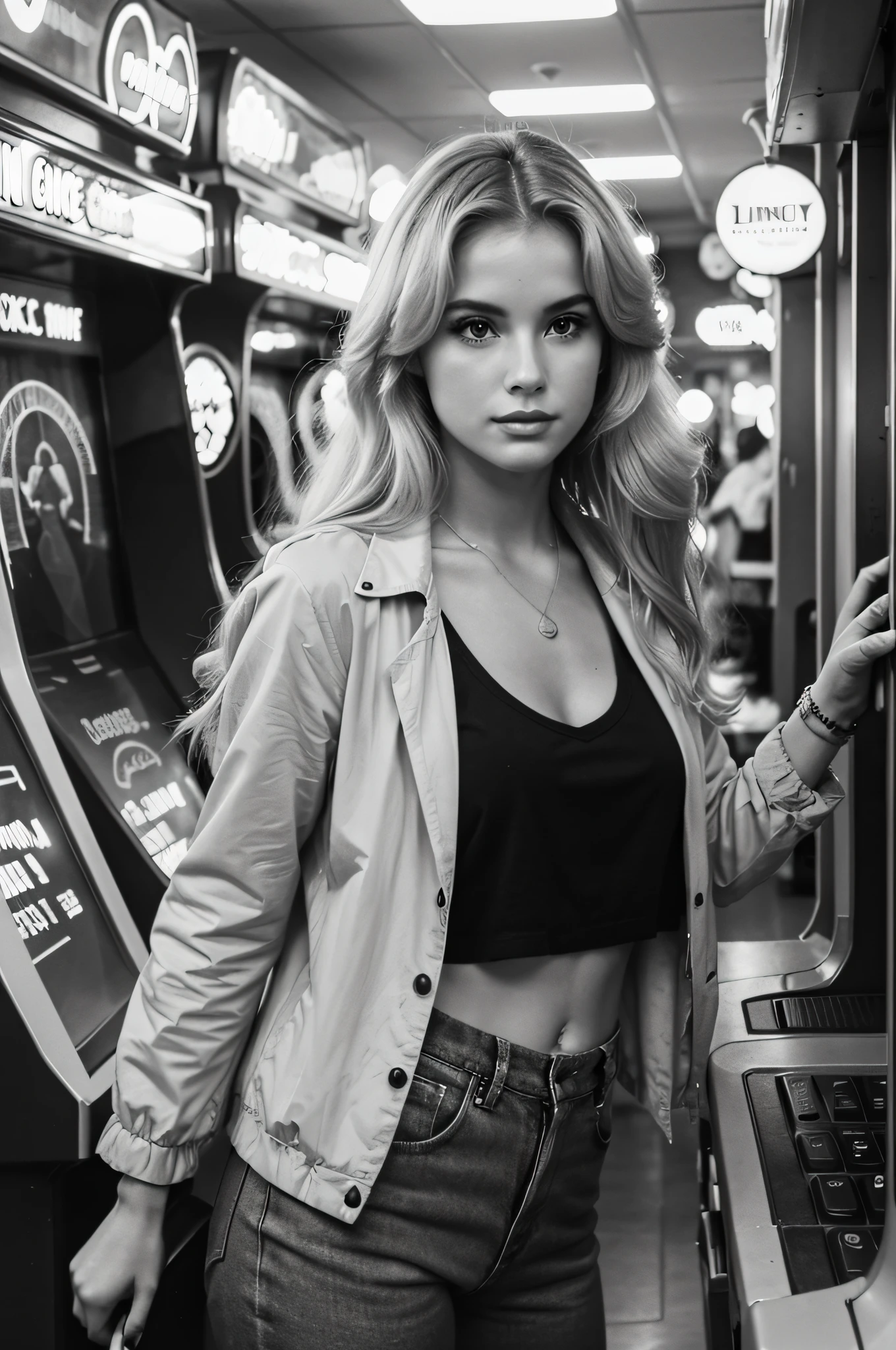 sensual, blonde woman with 80s style hair, girl dressed street style with 80s clothes in an arcade, playing pac man, realistic image, high quality, vintage sepia style image