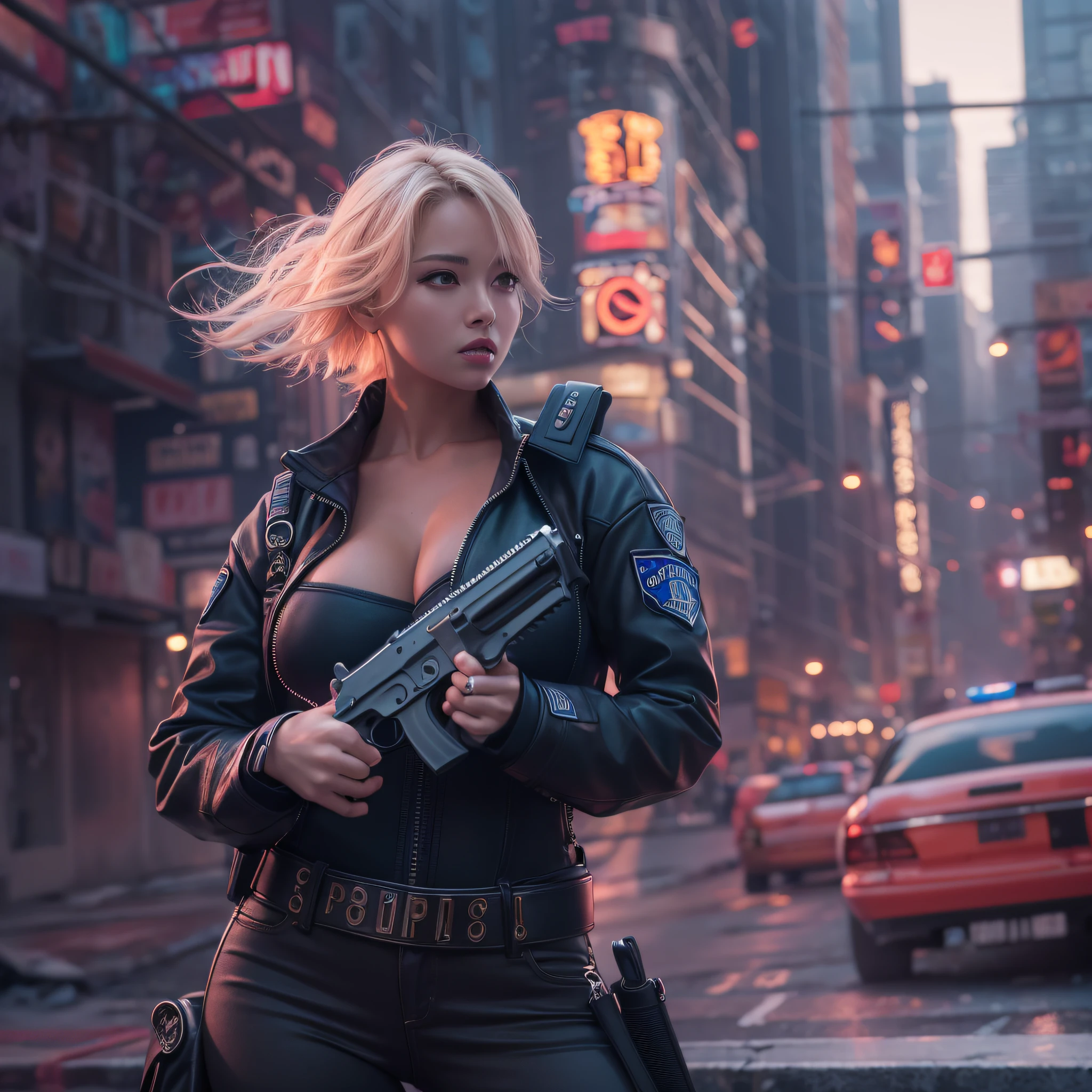 Masterpiece, high resolution,best quality,high definition, perfect composition, perfect face, perfect body, 8K,Cinematic lighting,Off-Shoulder,large breasts,navel,American Polis,For police uniforms,Blonde woman,Vicious city,Holding a handgun,Dynamic Pose,Biopunk cityscape,psychedelic,