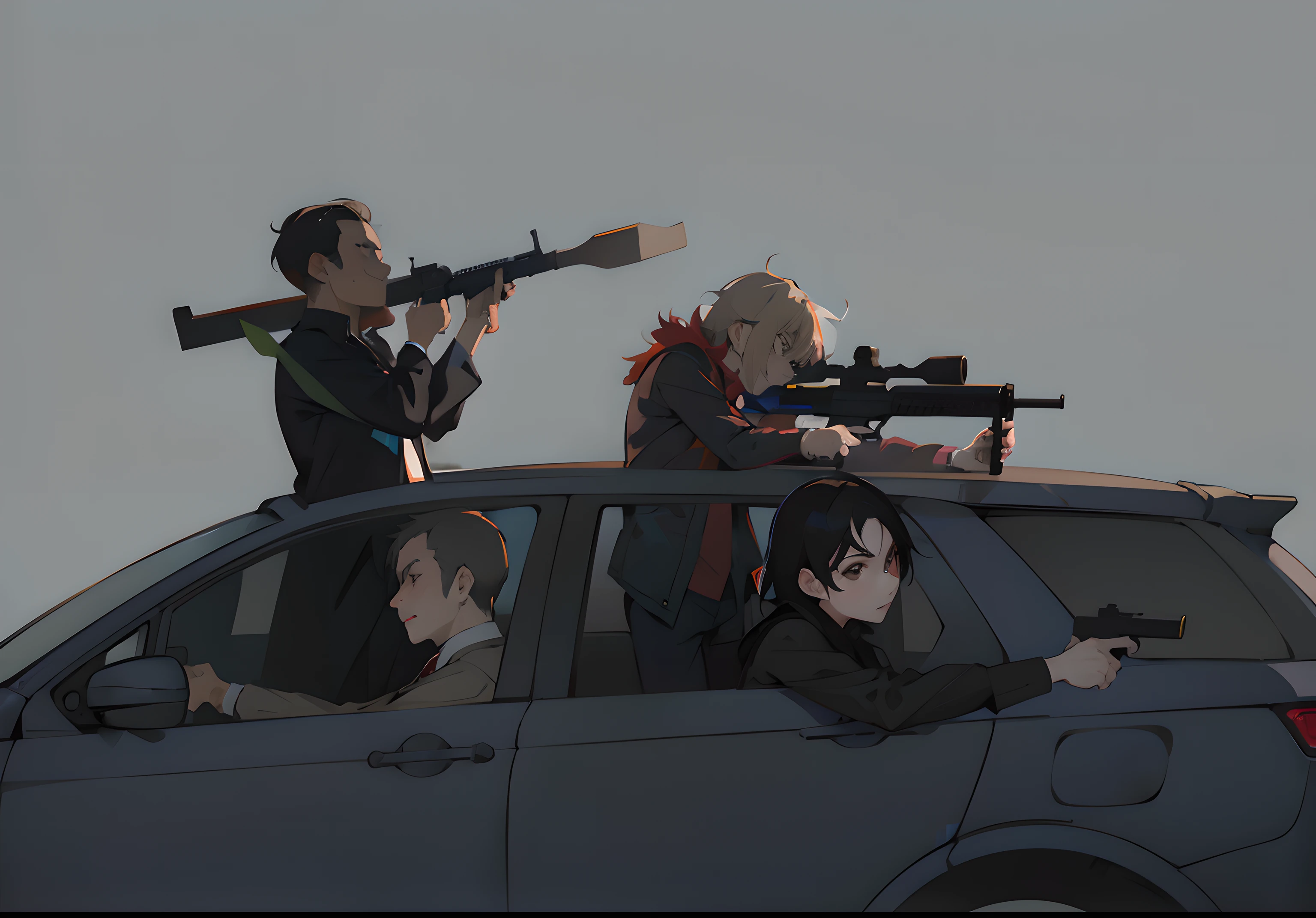 Anime characters from cars with guns and guns, author:New Art, Guviz-style artwork, author:Yoshihiko Wada, keyframe illustration, official fanart, author:yanjun cheng, author:Kaneokase Kane, 2D game art GTA cover, 2D Game Art GTA cover, in style of atey ghailan, zerochan art
