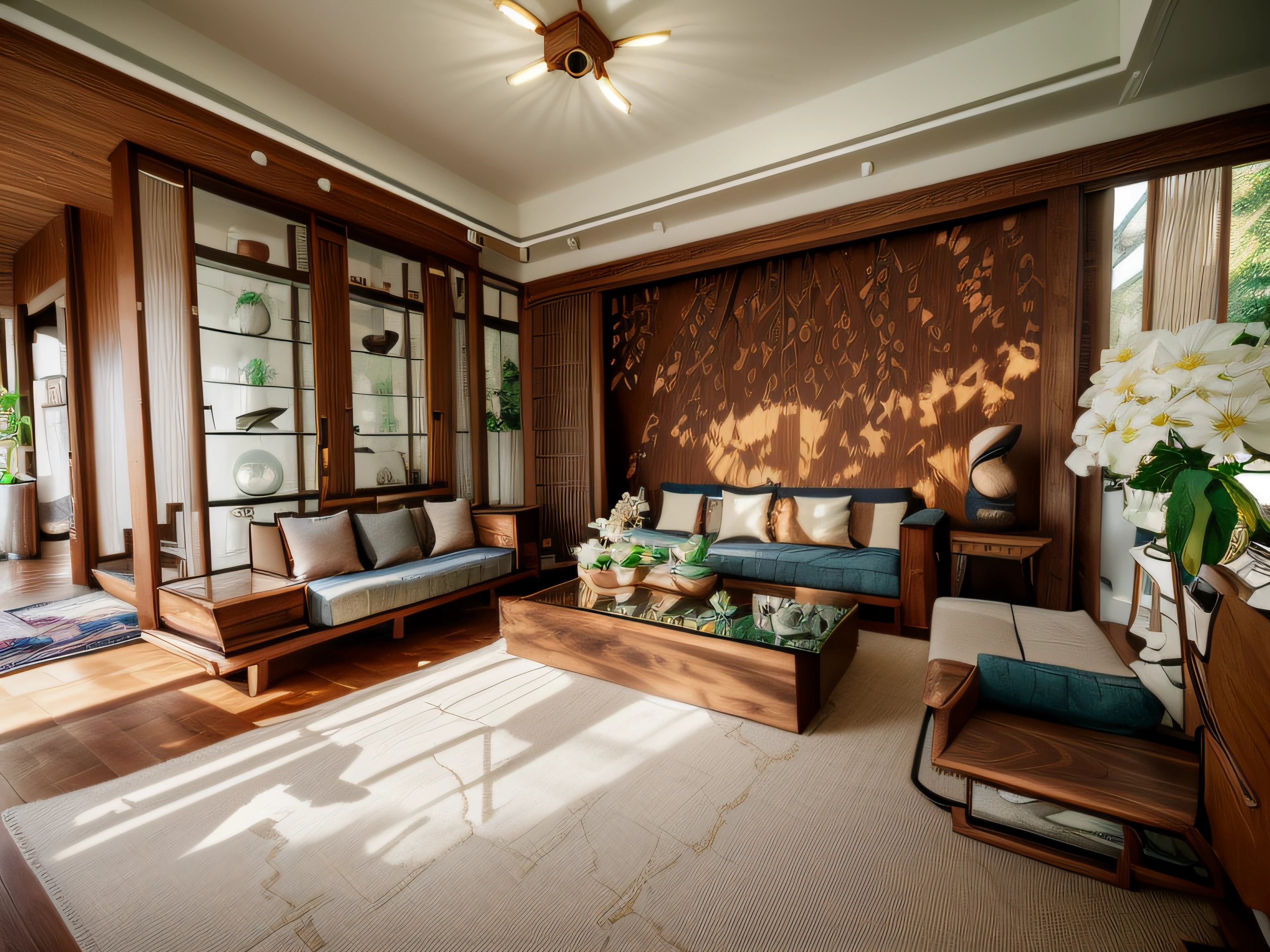 interior design、Crazy detailed wide-angle building photos、cozy contemporary living room、(Bright warm sunshine 1:0.1)、award-winning contemporary interior design、Landscapes、DL、a chair、in a house、wooden floor、window、dining room、east asian east asian architecture、Sliding paper doors、lamp lights、buliding、walnut grain、naturey、Cups、A plant、interior design、Insert lights and shadows、depth of fields、low illuminance walnut_furniture (11) flower, food, day, indoors, bag, cup, pillow, book, no_humans, window, bed, fruit, chair, table, sunlight, bottle, plant, curtains, box, scenery, couch, wooden_floor, realistic, door, clock, cushion, shelf, vase, statue, painting_(object), still_life, carpet, picture_(object), rug, reflective_floor