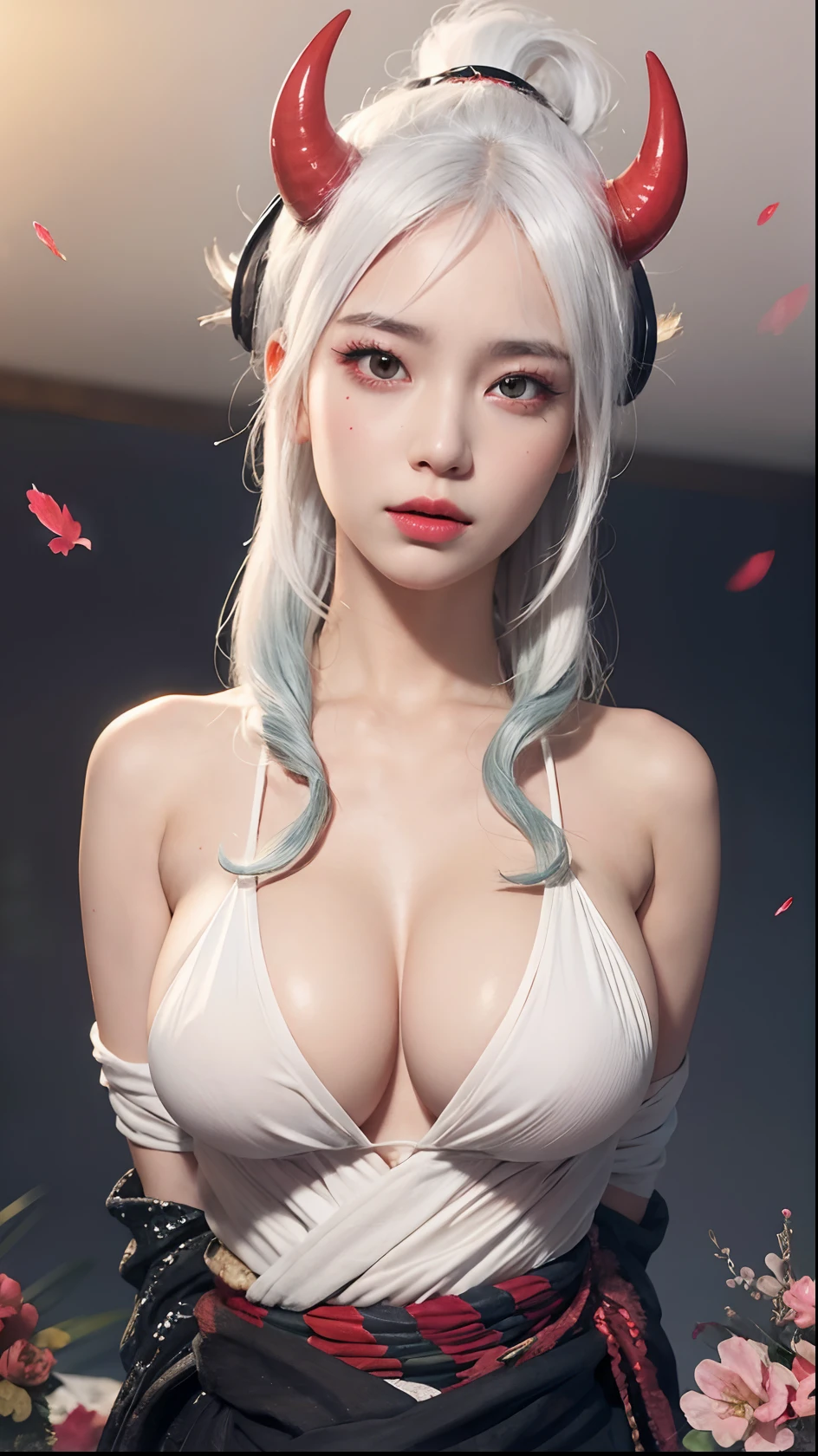 best quality, masterpiece, (photorealistic:1.4), 1girl, raw, ultra hd, dramatical light, glowing skin, big boobs, kimono, white hair, bull red horn, red eyes color