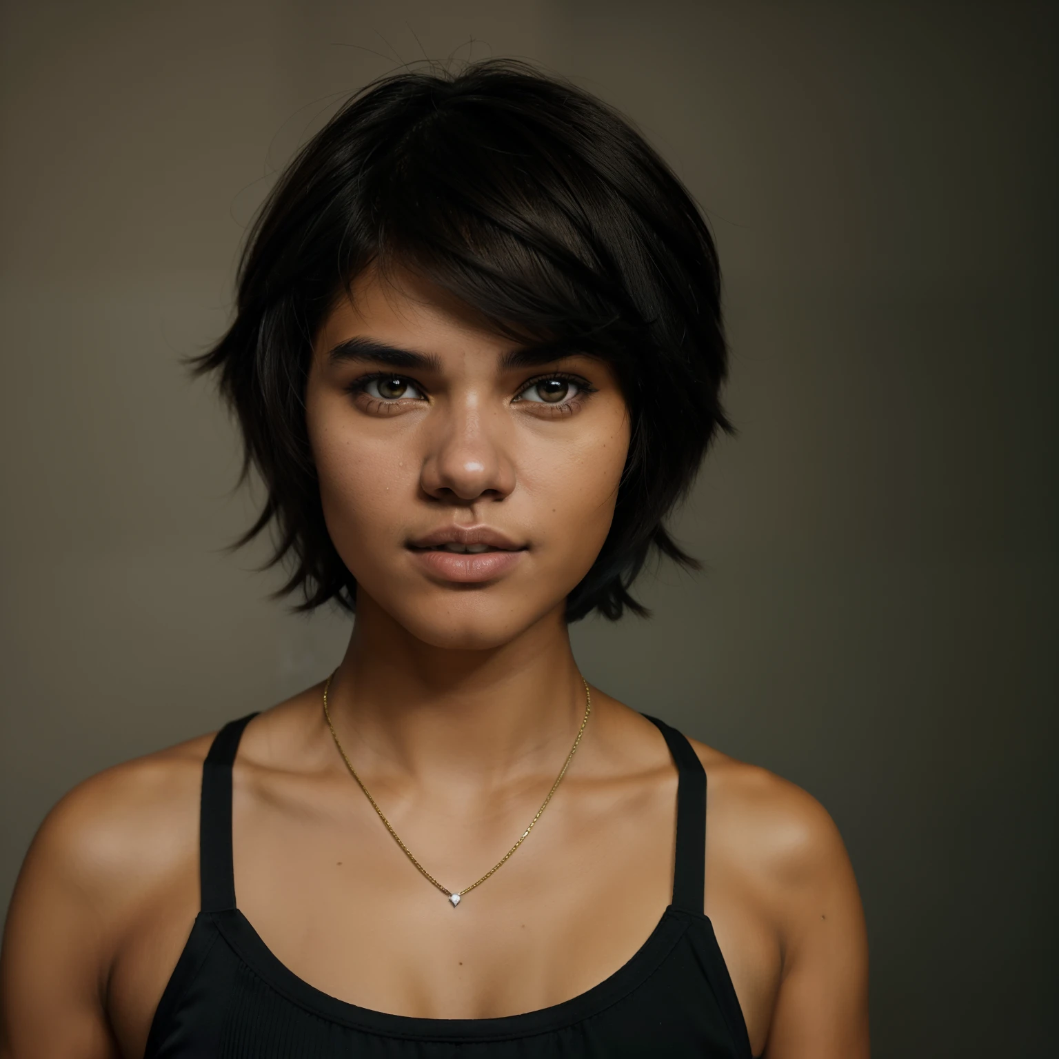 A Professional Photo Of An Indigenous Young Woman, ((Tupi Guarani Girl)), ((Tupinambá)), (21 Years Old), Tanned Skin Tone, ((Face Features Of Taylor Lautner)), ((Androgynous Face Features)), ((Pixie Cut Hair)), Curly Black Hair, Flowy Hairstyle, Pores, Realistic Skin, Brown Eyes, Wearing Makeup, Wearing Streetwear Clothing Style, ((Tomboy Clothing Style)), Studio Background, 90s Style Photography, Mugshot, Face Focused