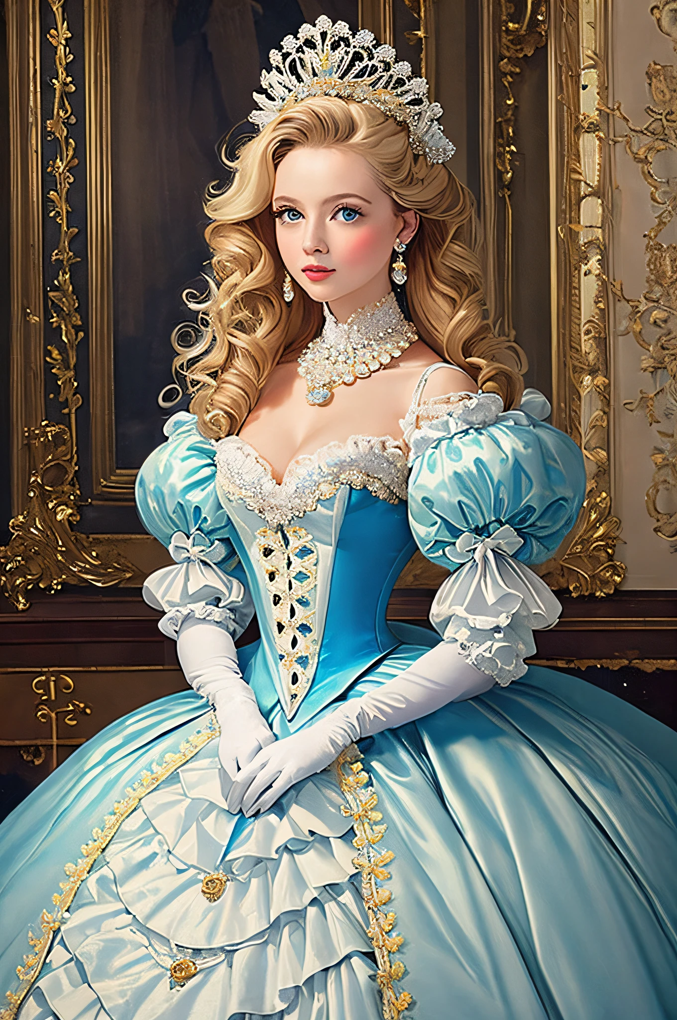 A stunningly beautiful blonde blue eyed well-dressed Princess with elaborately curled and styled hair shining with Royal Pomp and Regal Splendor, wearing a Stately and (((Elaborate))) Royal Cinderella Ballgown with (((enormous puffed sleeves))) a stiffly boned, padded and corseted bodice, an hourglass waist, a (((huge crinoline hoopskirt))) and (((bustle))), adorned with ribbons, bows, roses, lace, ruffles, frills, embroidery, and jewels, long white gloves, pearl necklace and earrings