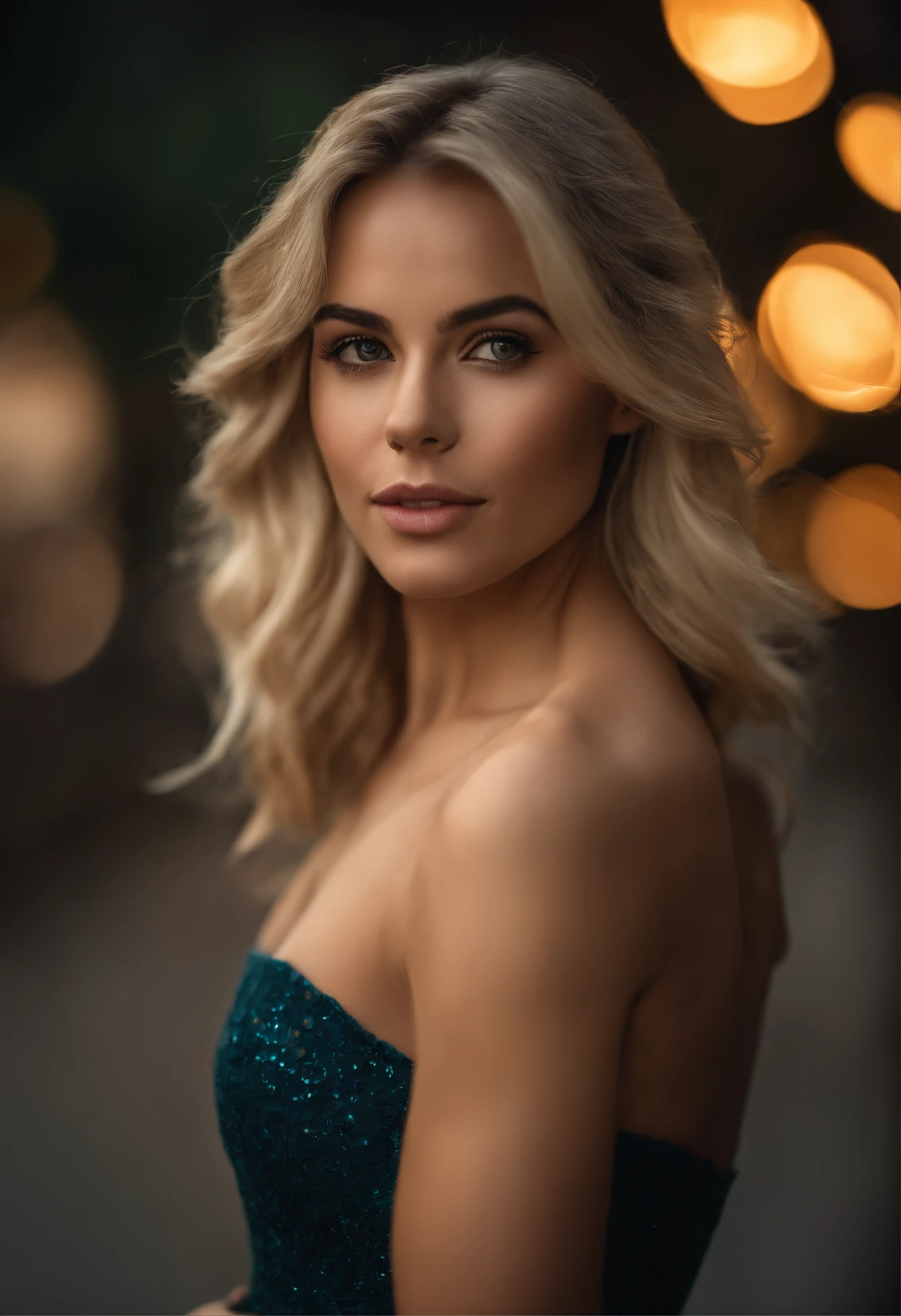 Full-length shot of a 25-year-old European woman, Pointing at the camera, blonde hair, Serious, (Amazing skin detail: 1.4), (natural skin: 1.2), (pores: 0.6), makeup, (A detailed eye: 1.2), Black background, Studio, Light border, vibrant atmosphere, (bokeh: 1.2), photografic, Cinematic, Photorealistic, ultra realisic, fit girl, form fitting dress, perfect figure, Using a short dress with heels