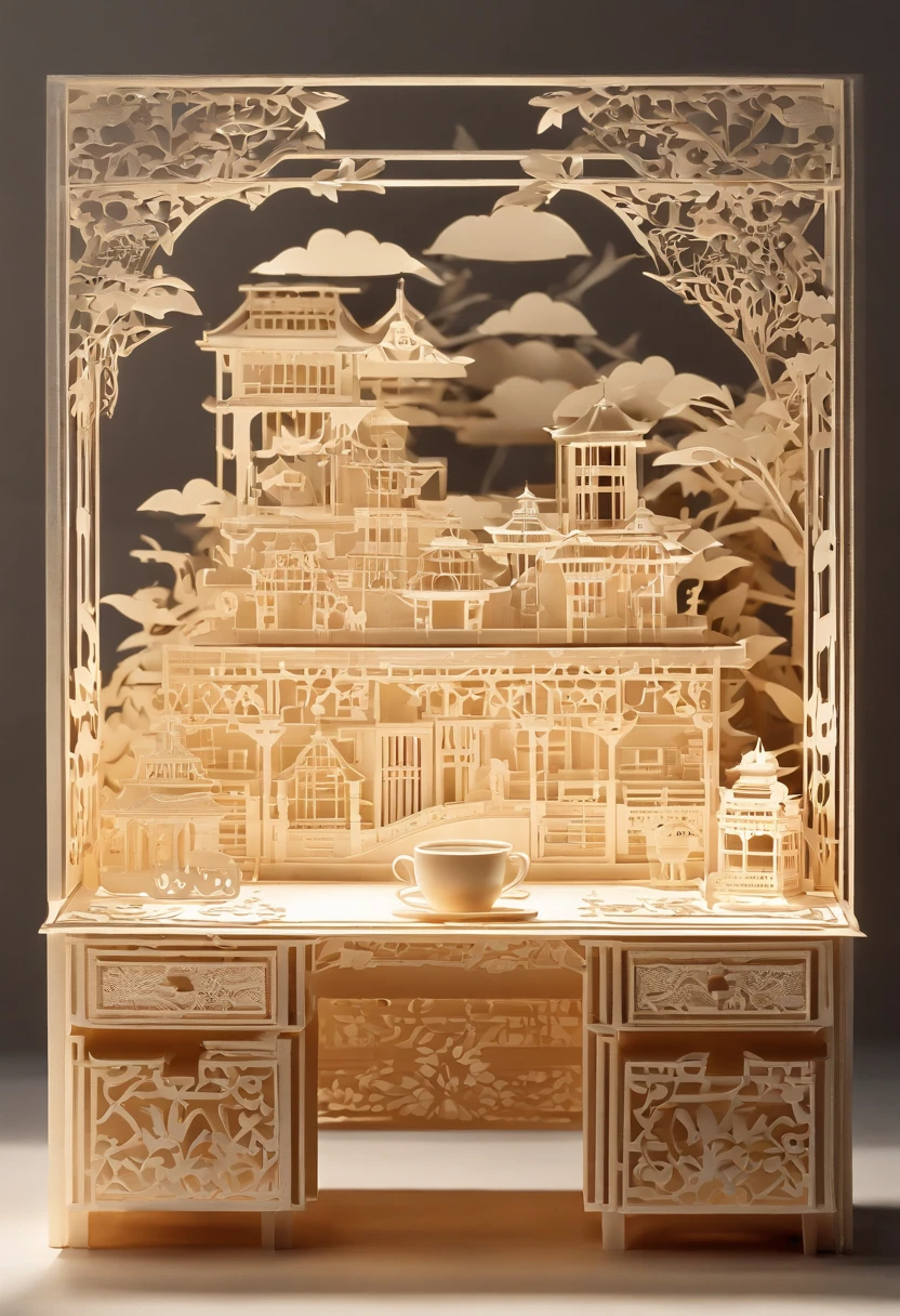 desk work, lighting, waterfall, cup, dancing cute bear, night, rice on table, machinery,