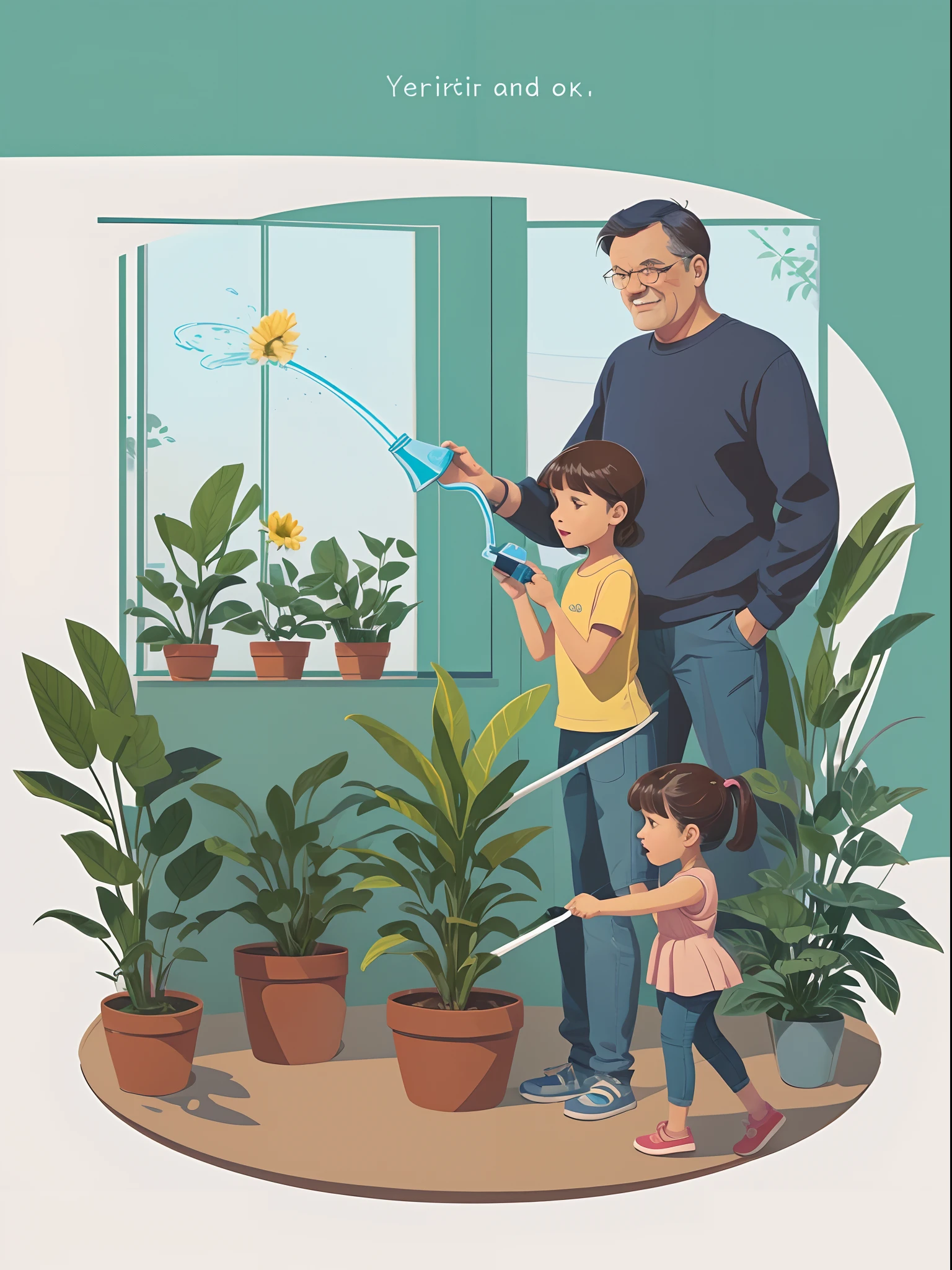 There is a middle-aged man and a little girl watering plants, children's book illustration, children's book illustration, children's book illustration, commercial illustration, children's book illustration, flat illustration, detailed 2D illustration, 2D illustration, 2D illustration, children's book illustration, children's book illustration, illustration, children's illustration, professional illustration