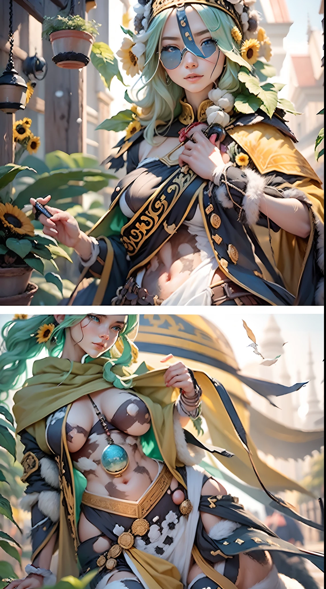 In a very grand scene,The extra-large wide-angle lens captures the appearance of a female centaur。She is tall,It has the ultimate curvy beauty,The muscles are slender and firm,Beautiful lines。She has(Super huge sky blue eyes:9.9),Always with sexy glasses。She wears solemn nun attire,Stepping on a boot-style skyscraper-heel,A pink cross hangs from his chest。(In front of her is a potted plant with a smiling sunflower plant:9.9)。Use Midjourney's advanced tools,Design noble and solemn nun costumes for female centaurs,and highlight her unique physiological characteristics and appearance details,Add realism。And in the background of her prayers,Spectacular views of nature,Such as the sky where storms and sunny days alternate、Brilliant rivers of stars and auroras、The snow-capped summit of Mount Everest、Fireworks in the mountain town, etc。ao mesmo tempo,Away from the hustle and bustle next to the chapel,Create a fantastic scene。Use Midjourney's advanced tools and multiple color palettes、Brush Strokes、Texture tools and model packages,It shows a sense of atmosphere where beauty and charm coexist。The charm of the female centaur is highlighted through color and lines,Enhance realism with detailing,Create a surreal dreamy feeling。Additionally,Use Midjourney's tools to add various exorcism props and books to the female centaur、pergaminhos,Create intricate hairstyles and outfits,Give her a sense of premium。She never flinches,No matter what monster you encounter,can respond quickly,Even the most extreme armies of natural disasters and monsters could not stop her and her front(It exudes the glow of the sun:9.9)Sunflower。Use Midjourney's powerful tools,You can do it with incredible detail and beauty,Bring this ultra-grand and beautiful scene to life。Ultra-grand scenes,super wide shot, hdr,(真实感,Masterpiece quality,best qualtiy),