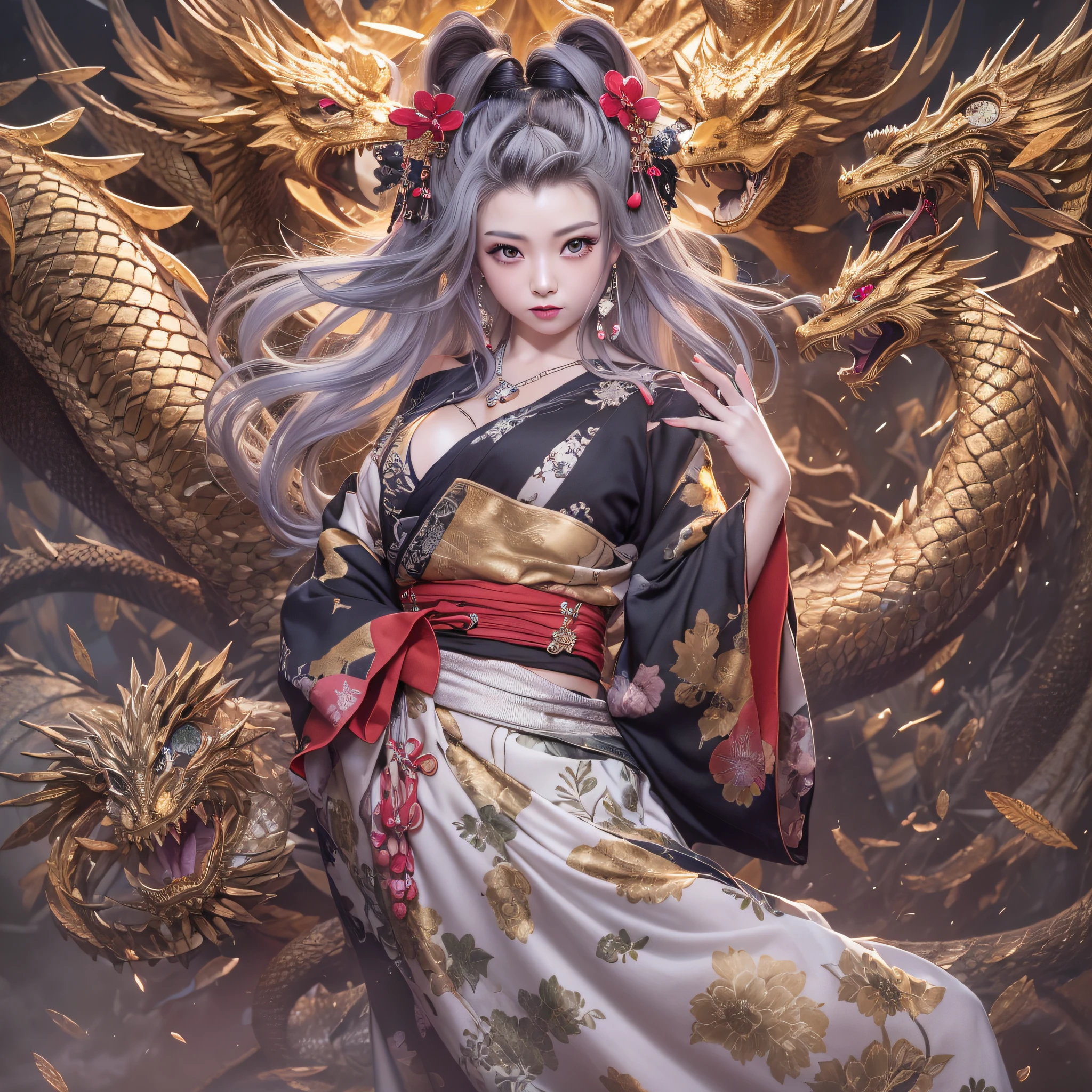 Masterpiece, high resolution，best quality，high definition, perfect composition, perfect face, perfect body, 8K，Cinematic lighting，Black kimono，Off-Shoulder，large breasts，navel，collarbones，(Woman has a large golden dragon print tattoo on her back)，(Hairstyle is Yokohyōgo)，Numerous glittering cages，Image of Oiran，Yakuza Wife，glareing，Silver-haired woman，Lustrous hair，freak show，1人，The background is a luxurious Japanese-style room