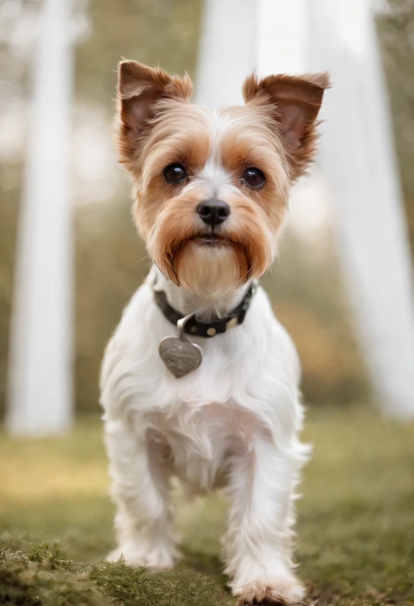 Biewer terrier femea, na cor dourada, de vestjdo e com colar de perola no pescoco