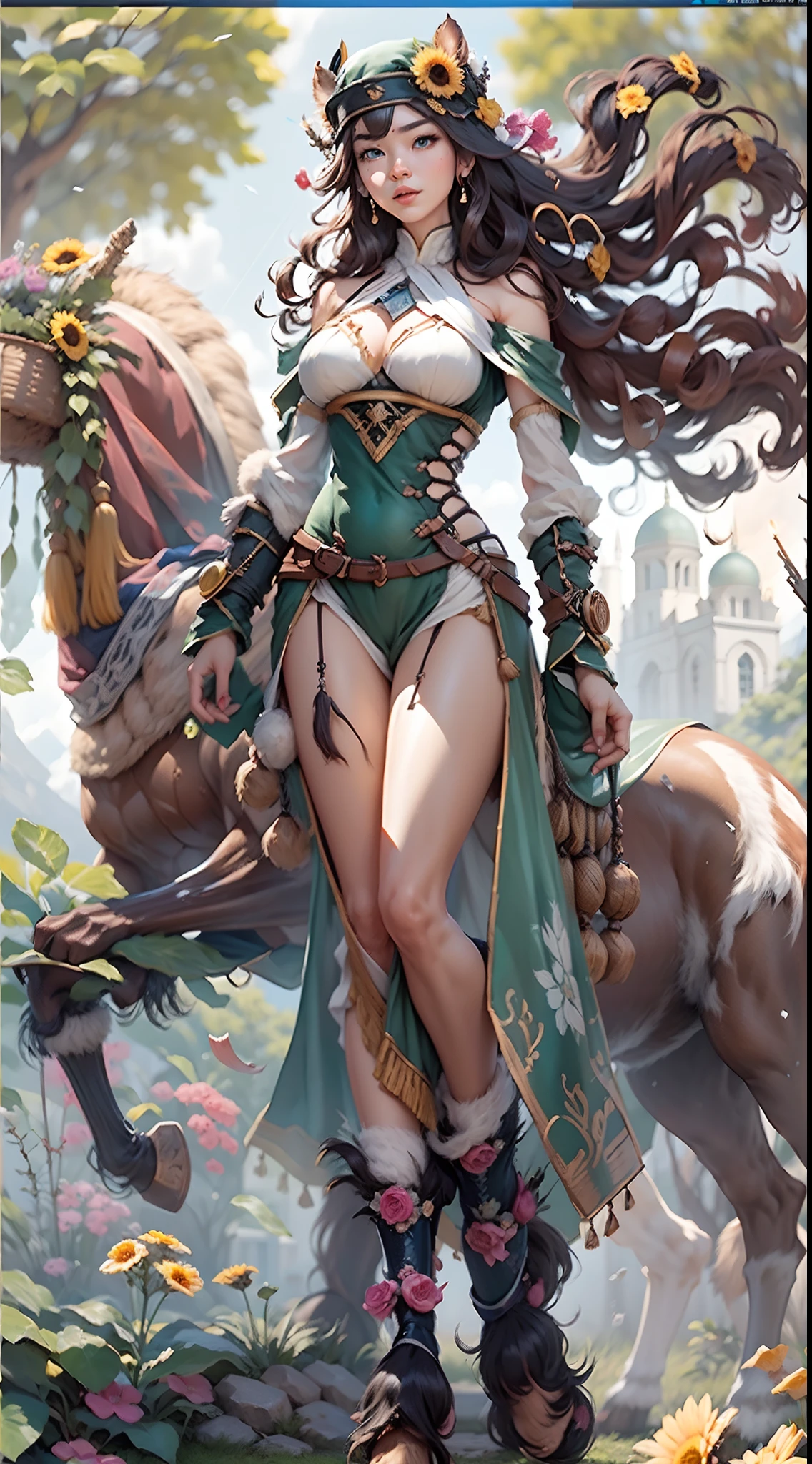 In a very grand scene，The extra-large wide-angle lens captures the appearance of a female centaur。She is tall，It has the ultimate curvy beauty，The muscles are slender and firm，Beautiful lines。She has（Super huge sky blue eyes：9.9），Always with sexy glasses。She wears solemn nun attire，Stepping on a boot-style skyscraper-heel，A pink cross hangs from his chest。（In front of her is a potted plant with a smiling sunflower plant：9.9）。Use Midjourney's advanced tools，Design noble and solemn nun costumes for female centaurs，and highlight her unique physiological characteristics and appearance details，Add realism。And in the background of her prayers，Spectacular views of nature，Such as the sky where storms and sunny days alternate、Brilliant rivers of stars and auroras、The snow-capped summit of Mount Everest、Fireworks in the mountain town, etc。ao mesmo tempo，Away from the hustle and bustle next to the chapel，Create a fantastic scene。Use Midjourney's advanced tools and multiple color palettes、Brush Strokes、Texture tools and model packages，It shows a sense of atmosphere where beauty and charm coexist。The charm of the female centaur is highlighted through color and lines，Enhance realism with detailing，Create a surreal dreamy feeling。Additionally，Use Midjourney's tools to add various exorcism props and books to the female centaur、pergaminhos，Create intricate hairstyles and outfits，Give her a sense of premium。She never flinches，No matter what monster you encounter，can respond quickly，Even the most extreme armies of natural disasters and monsters could not stop her and her front（It exudes the glow of the sun：9.9）Sunflower。Use Midjourney's powerful tools，You can do it with incredible detail and beauty，Bring this ultra-grand and beautiful scene to life。Ultra-grand scenes，super wide shot， hdr，（真实感，Masterpiece quality，best qualtiy），