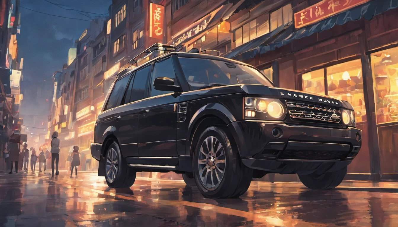 A real black Land Rover,Drive on the streets,the street,Realistic background,Background of details