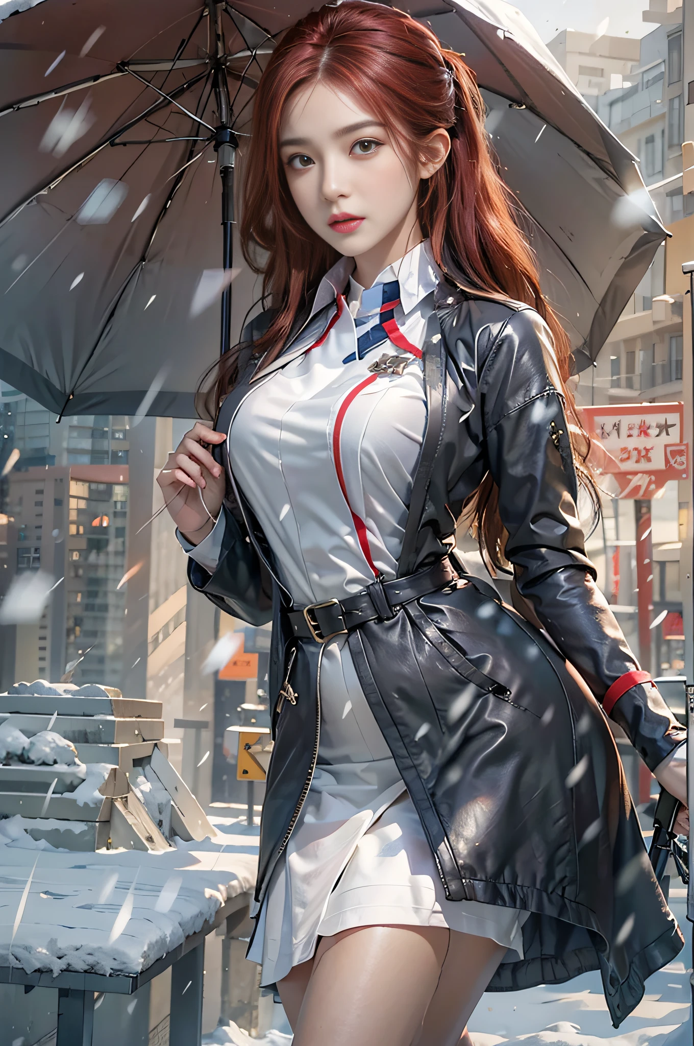 Photorealistic, high resolution, 1womanl, Solo, Hips up, view the viewer, (Detailed face),Red hair, Long hair, Nurse outfit, Stockings，Snow background, Girl holding an umbrella
