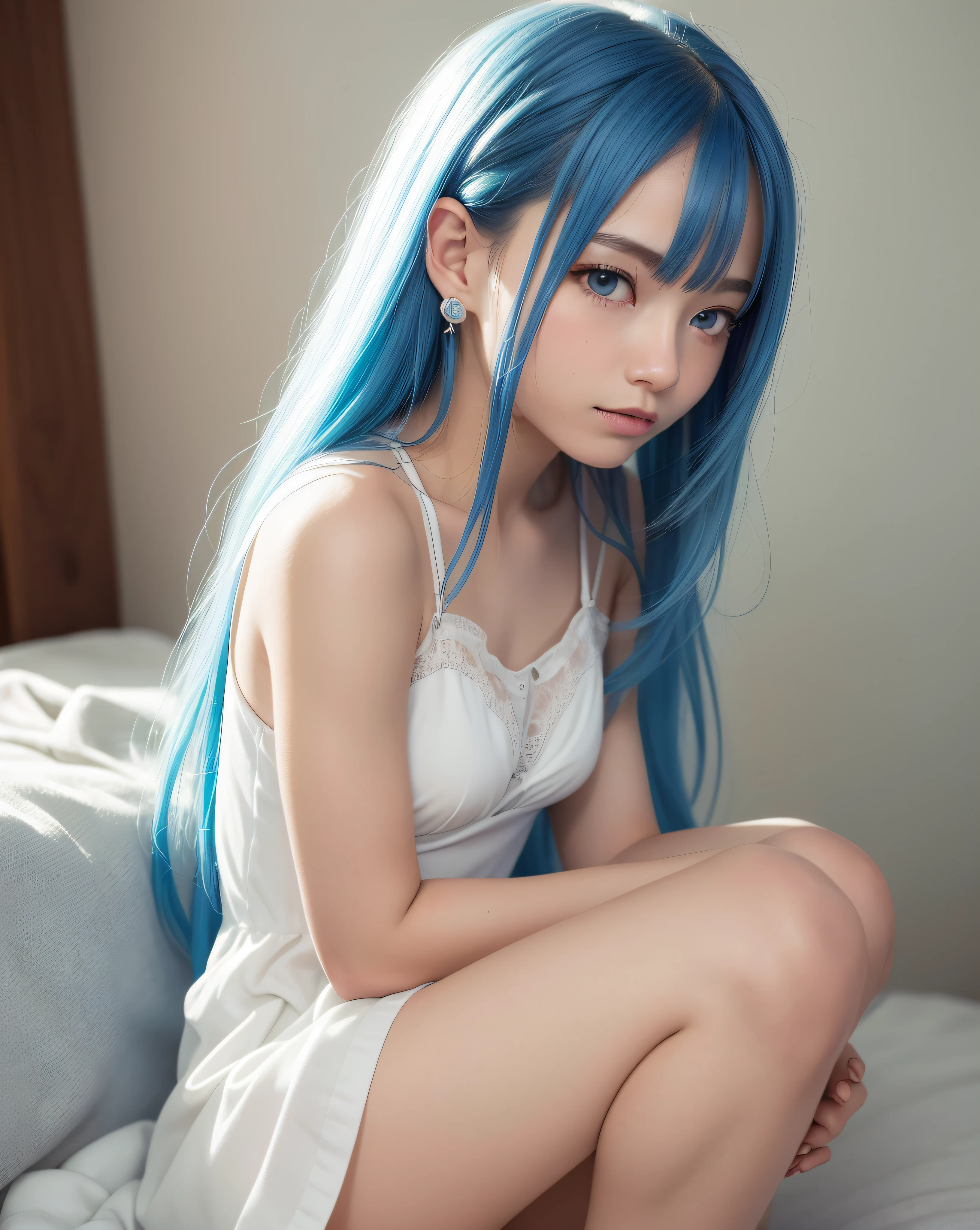 Maximum image quality, ultra-high resolution, (real photo: 1.4), Japan person, 18 years old, sky blue hair, long hair, blue eyes, (thin body), small breasts, Front view, sitting, bending both knees, holding both knees with hands, thin legs, short white socks, light makeup, white cloak, black string tie, sky blue dress, white lingerie visible under the dress, white panties, short skirt, princess line, smile, cute, stage, small teardrop earrings, on bed, five fingers, two legs