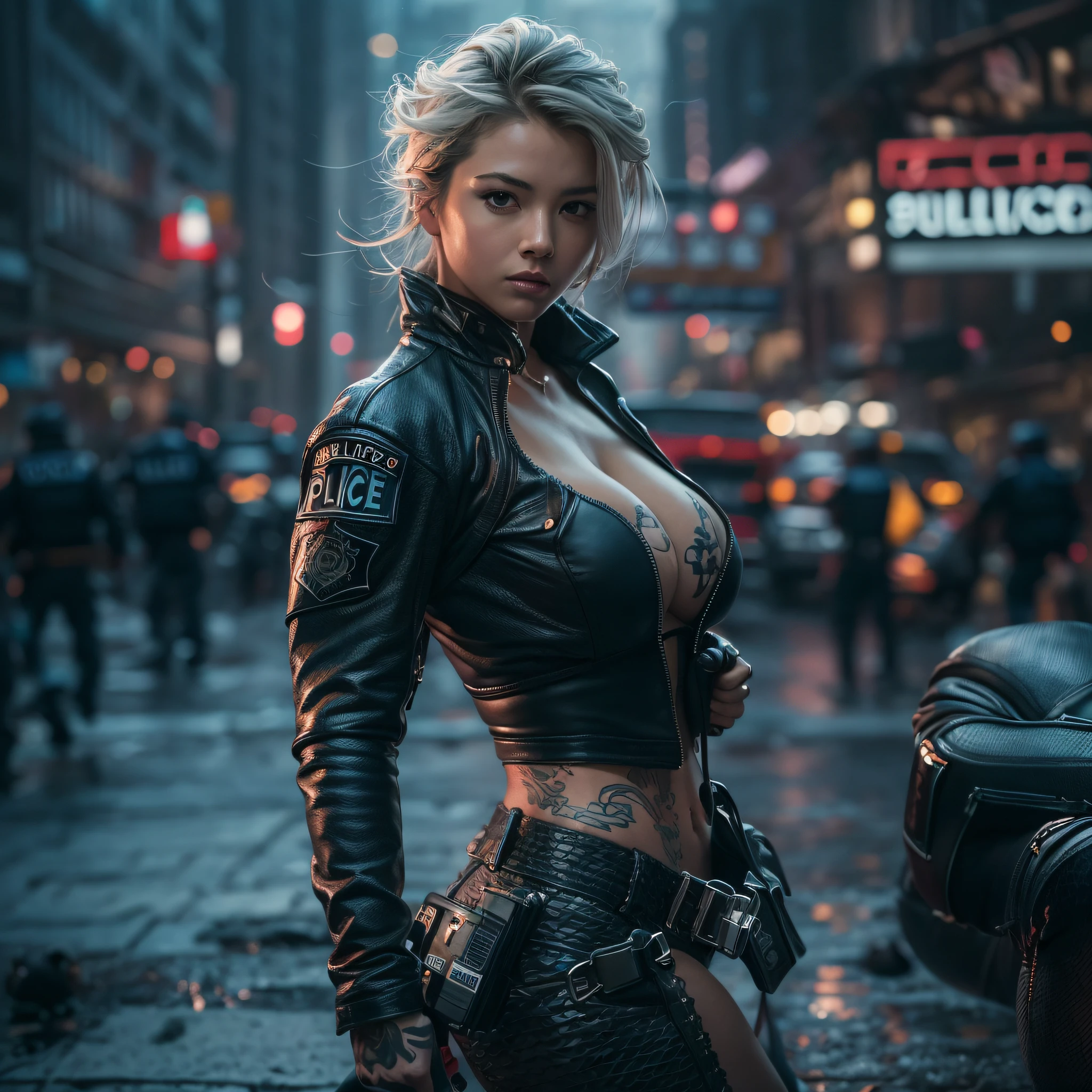 Masterpiece, high resolution,best quality,high definition, perfect composition, perfect face, perfect body, 8K,Cinematic lighting,large breasts,navel,American Polis,(For police uniforms),Silver-haired woman,Vicious city,Holding a handgun,Get down on one knee on the ground,Dynamic Pose,The tattoo,Super muscular,Biopunk cityscape,