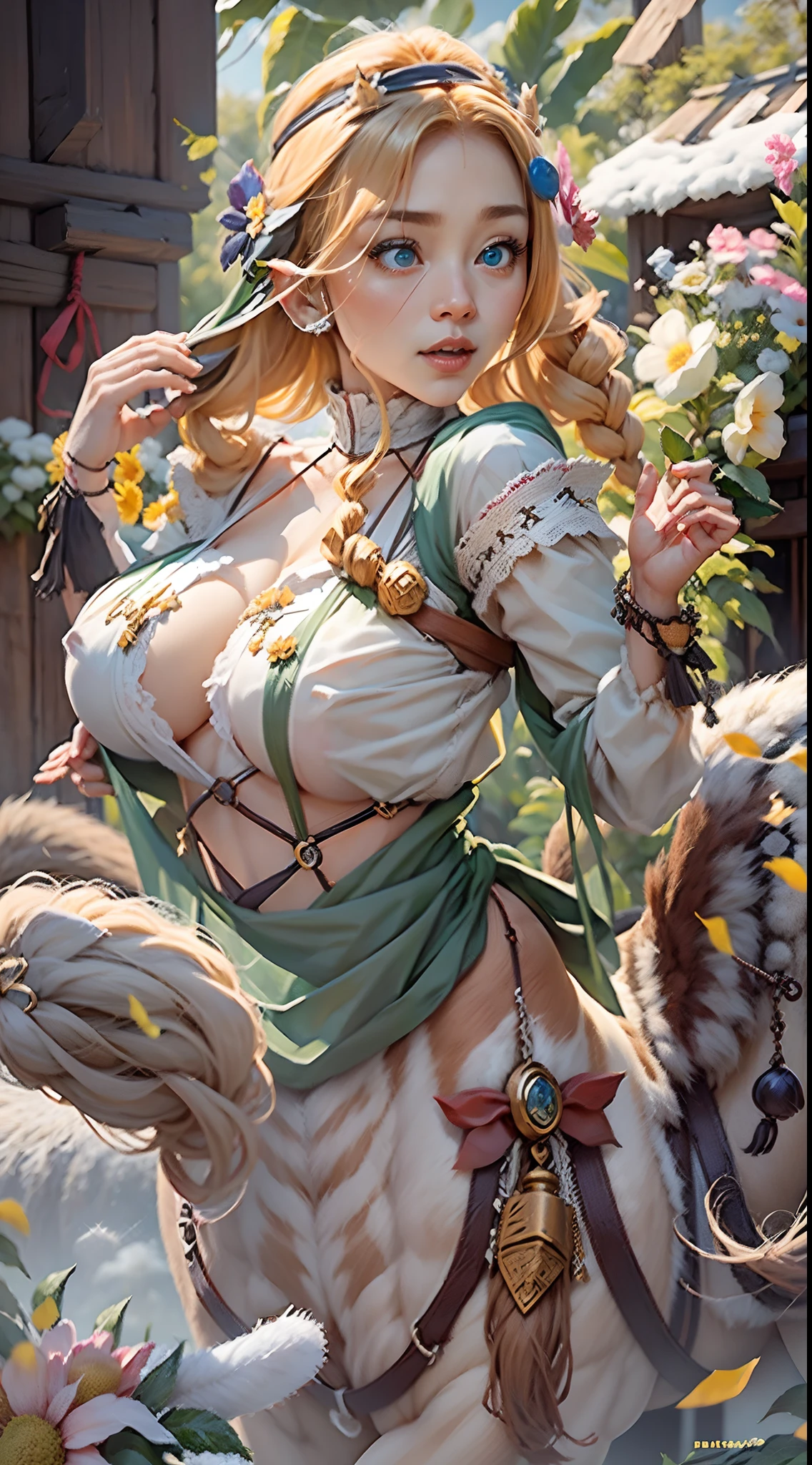 In a very grand scene，The extra-large wide-angle lens captures the appearance of a female centaur。She is tall，It has the ultimate curvy beauty，The muscles are slender and firm，Beautiful lines。She has（Super huge sky blue eyes：9.9），Always with sexy glasses。She wears solemn nun attire，Stepping on a boot-style skyscraper-heel，A pink cross hangs from his chest。（In front of her is a potted plant with a smiling sunflower plant：9.9）。Use Midjourney's advanced tools，Design noble and solemn nun costumes for female centaurs，and highlight her unique physiological characteristics and appearance details，Add realism。And in the background of her prayers，Spectacular views of nature，Such as the sky where storms and sunny days alternate、Brilliant rivers of stars and auroras、The snow-capped summit of Mount Everest、Fireworks in the mountain town, etc。ao mesmo tempo，Away from the hustle and bustle next to the chapel，Create a fantastic scene。Use Midjourney's advanced tools and multiple color palettes、Brush Strokes、Texture tools and model packages，It shows a sense of atmosphere where beauty and charm coexist。The charm of the female centaur is highlighted through color and lines，Enhance realism with detailing，Create a surreal dreamy feeling。Additionally，Use Midjourney's tools to add various exorcism props and books to the female centaur、pergaminhos，Create intricate hairstyles and outfits，Give her a sense of premium。She never flinches，No matter what monster you encounter，can respond quickly，Even the most extreme armies of natural disasters and monsters could not stop her and her front（It exudes the glow of the sun：9.9）Sunflower。Use Midjourney's powerful tools，You can do it with incredible detail and beauty，Bring this ultra-grand and beautiful scene to life。Ultra-grand scenes，super wide shot， hdr，（真实感，Masterpiece quality，best qualtiy），