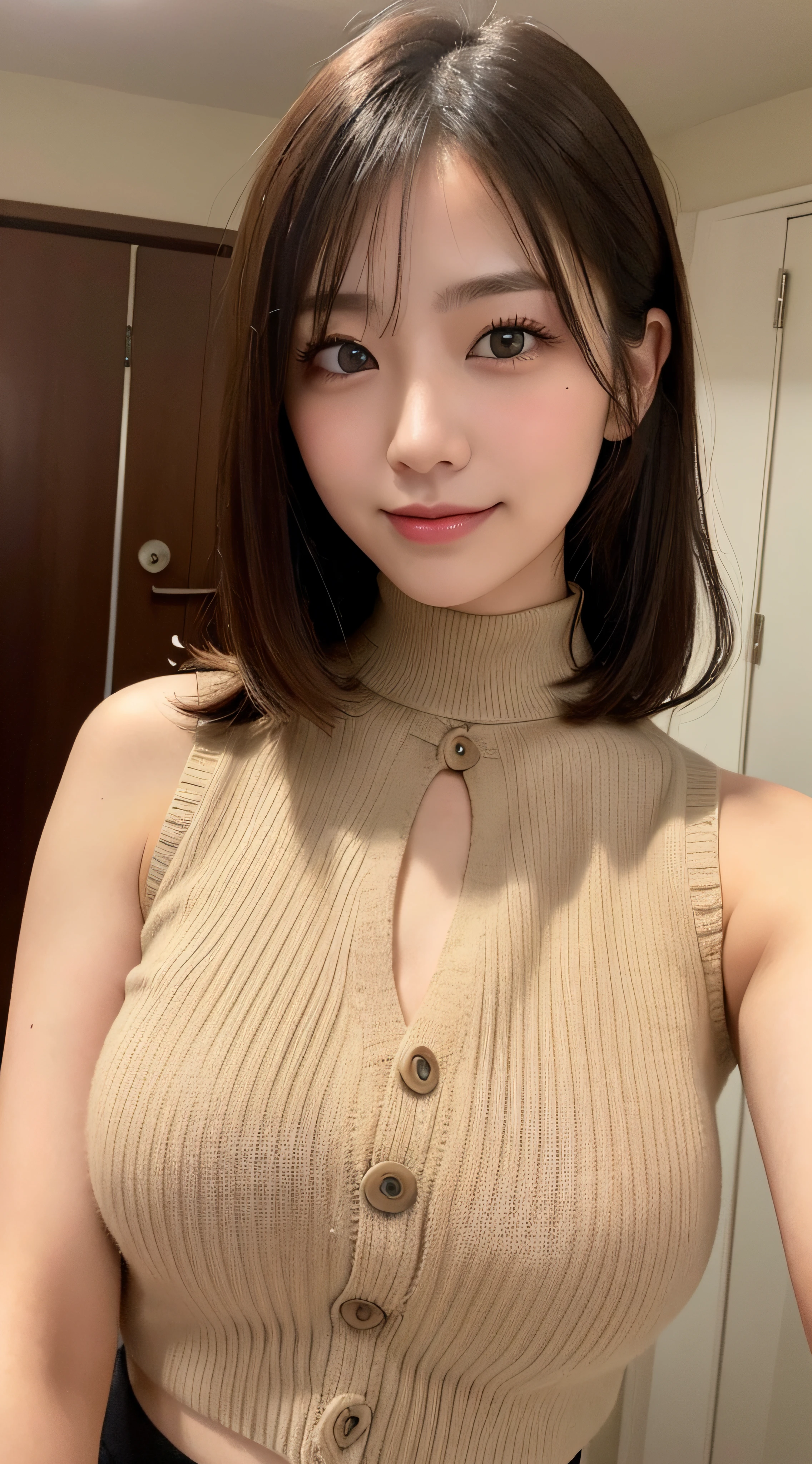 masutepiece, Best Quality, Photorealsitic, finely detail, hight resolution, 8K Wallpapers, Perfect dynamic composition, Beautiful detailed eyes, Medium Hair, large full breasts, Random and sexy poses,Bring your chest together、(Mock neck crop tank top khaki knitwear with holes in chest area)、(Breast bulge 1.2)、A smile、open open mouth、Resort scenery、23years old、(Drooping eyes 1.4)、Adult beauty、japanes