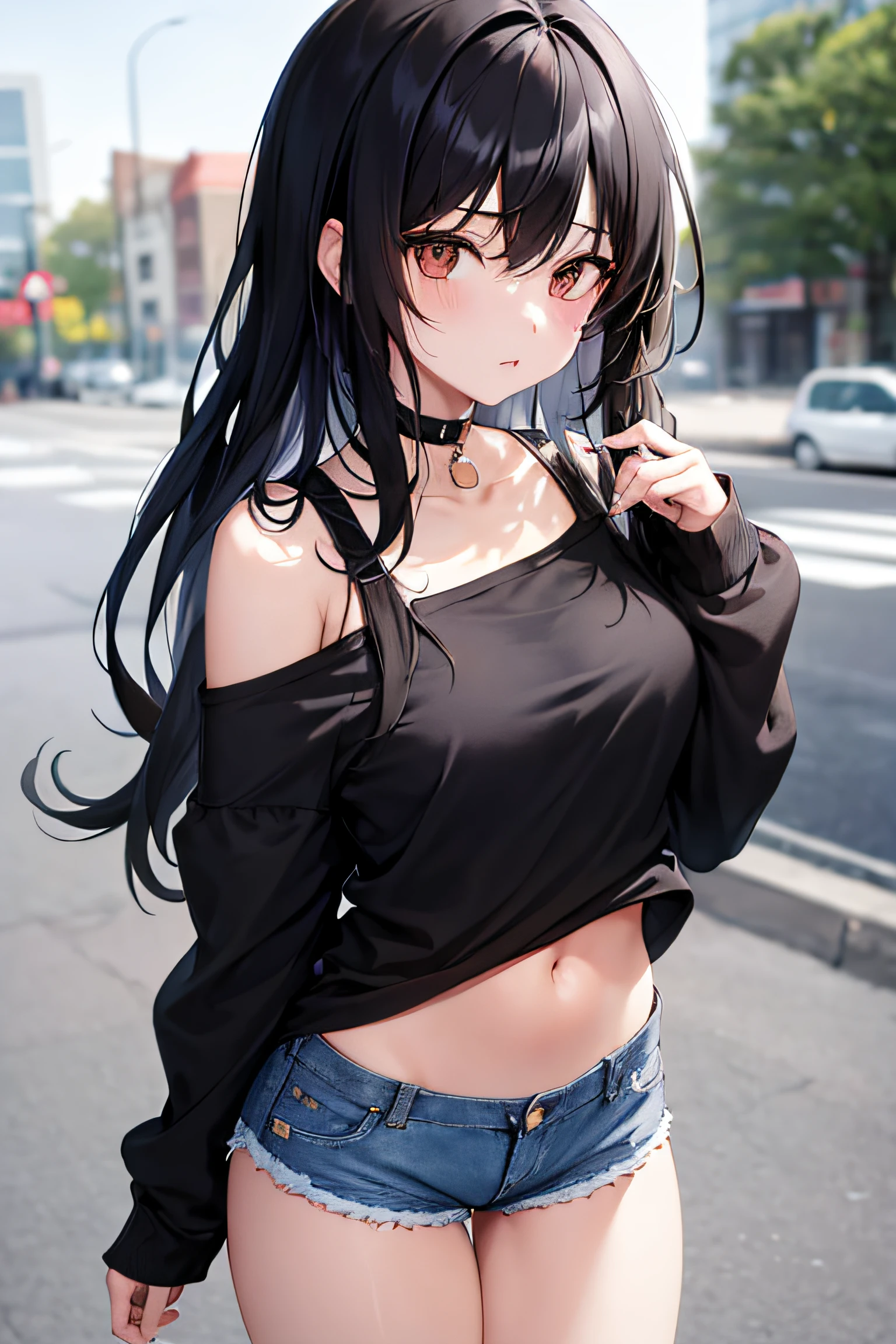 1girl, black hair, choker, body hug shirt, denim shorts, city, absurdres, high res, ultrasharp, 8K, masterpiece